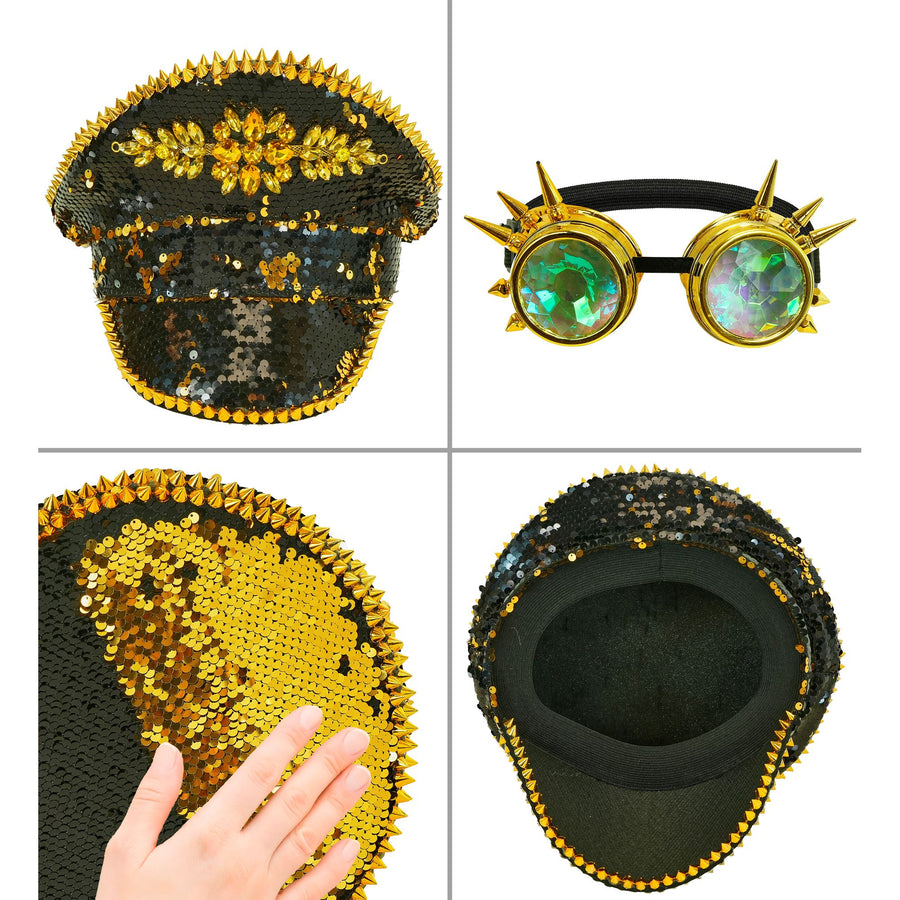 "FESTIVAL KAPPE WENDEPAILLETTEN SCHWARZ / GOLD MIT STACHELN, GLITZERSTEINEN & KALEIDOSKOPISCHER BRILLE MIT STACHELN" – Detailansicht