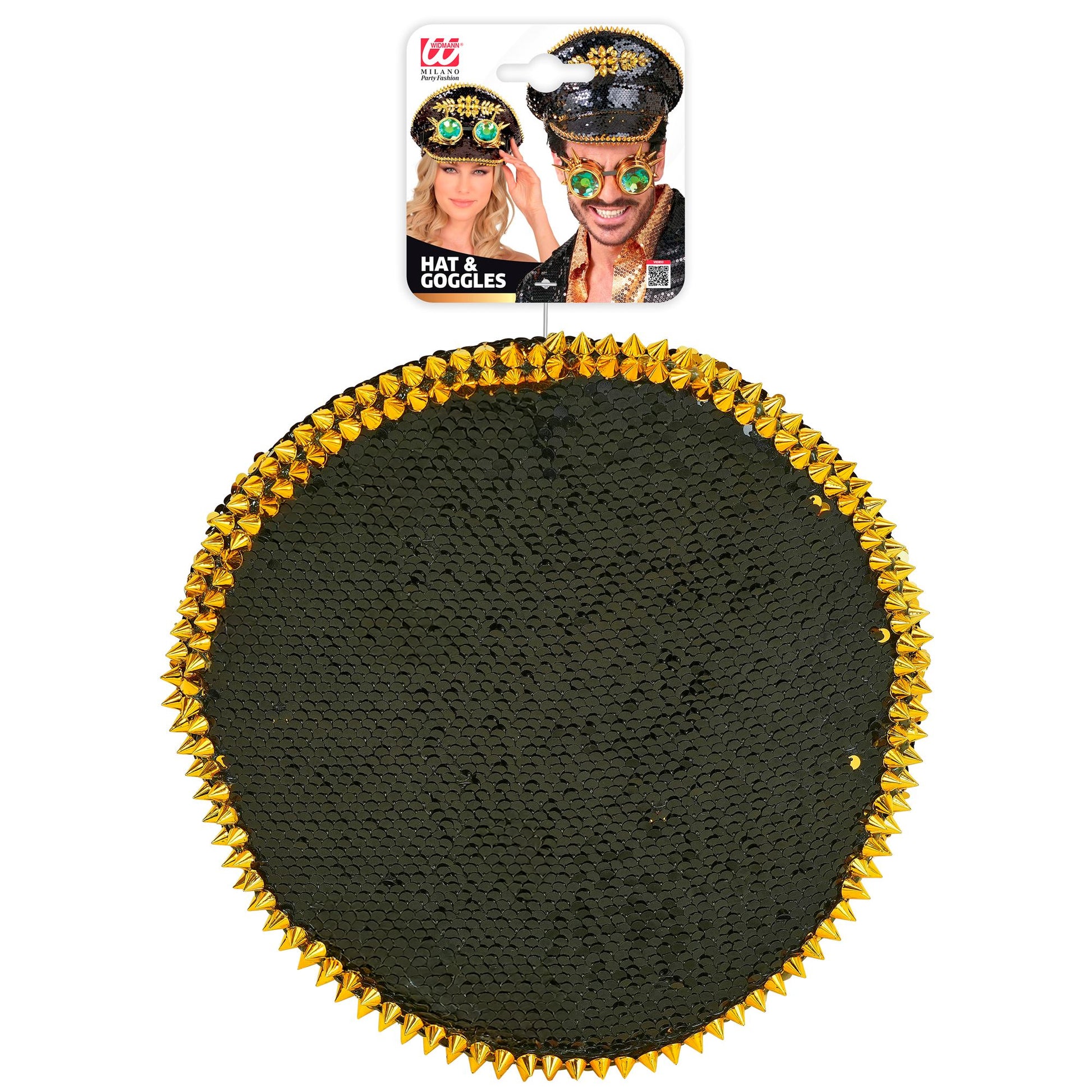 "FESTIVAL KAPPE WENDEPAILLETTEN SCHWARZ / GOLD MIT STACHELN, GLITZERSTEINEN & KALEIDOSKOPISCHER BRILLE MIT STACHELN" – Ansicht 3