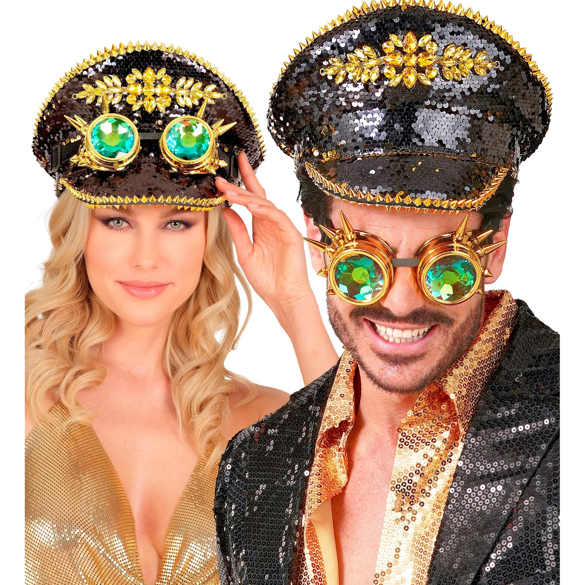 "FESTIVAL KAPPE WENDEPAILLETTEN SCHWARZ / GOLD MIT STACHELN, GLITZERSTEINEN & KALEIDOSKOPISCHER BRILLE MIT STACHELN" – Ansicht 4