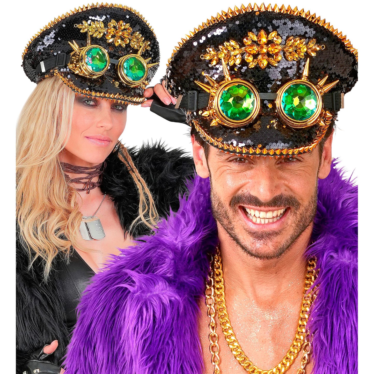 "FESTIVAL KAPPE WENDEPAILLETTEN SCHWARZ / GOLD MIT STACHELN, GLITZERSTEINEN & KALEIDOSKOPISCHER BRILLE MIT STACHELN" – Ansicht 5