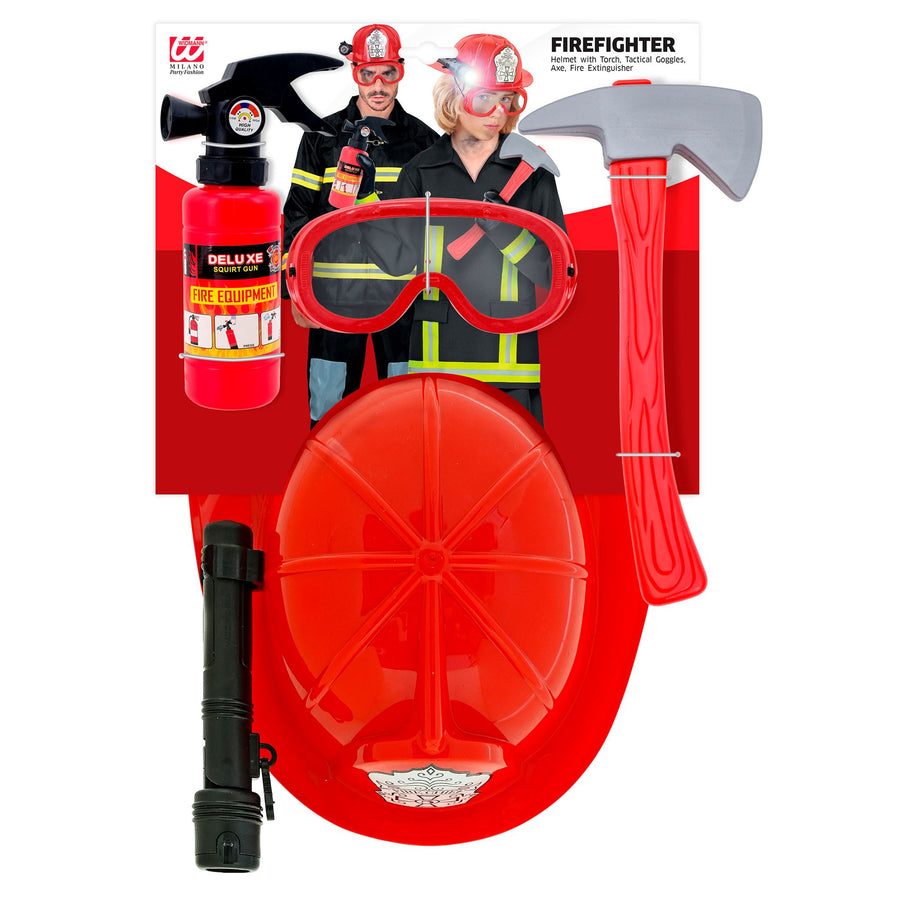 "FEUERWEHRMANN SET" (Helm mit taktischer Brille und Taschenlampe, Axt, Feuerlöscher) – Detailansicht
