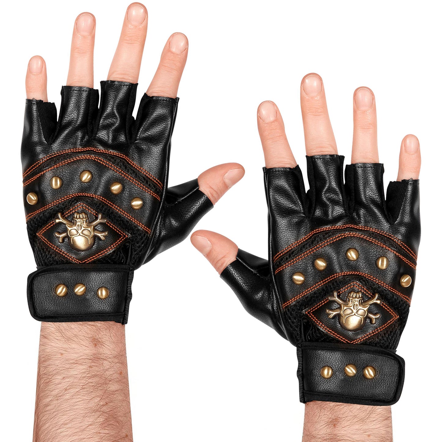 "FINGERLOSE HANDSCHUHE MIT NIETEN UND AUFDRUCK SKELETT + GEKREUZTEN KNOCHEN" – Vorderansicht