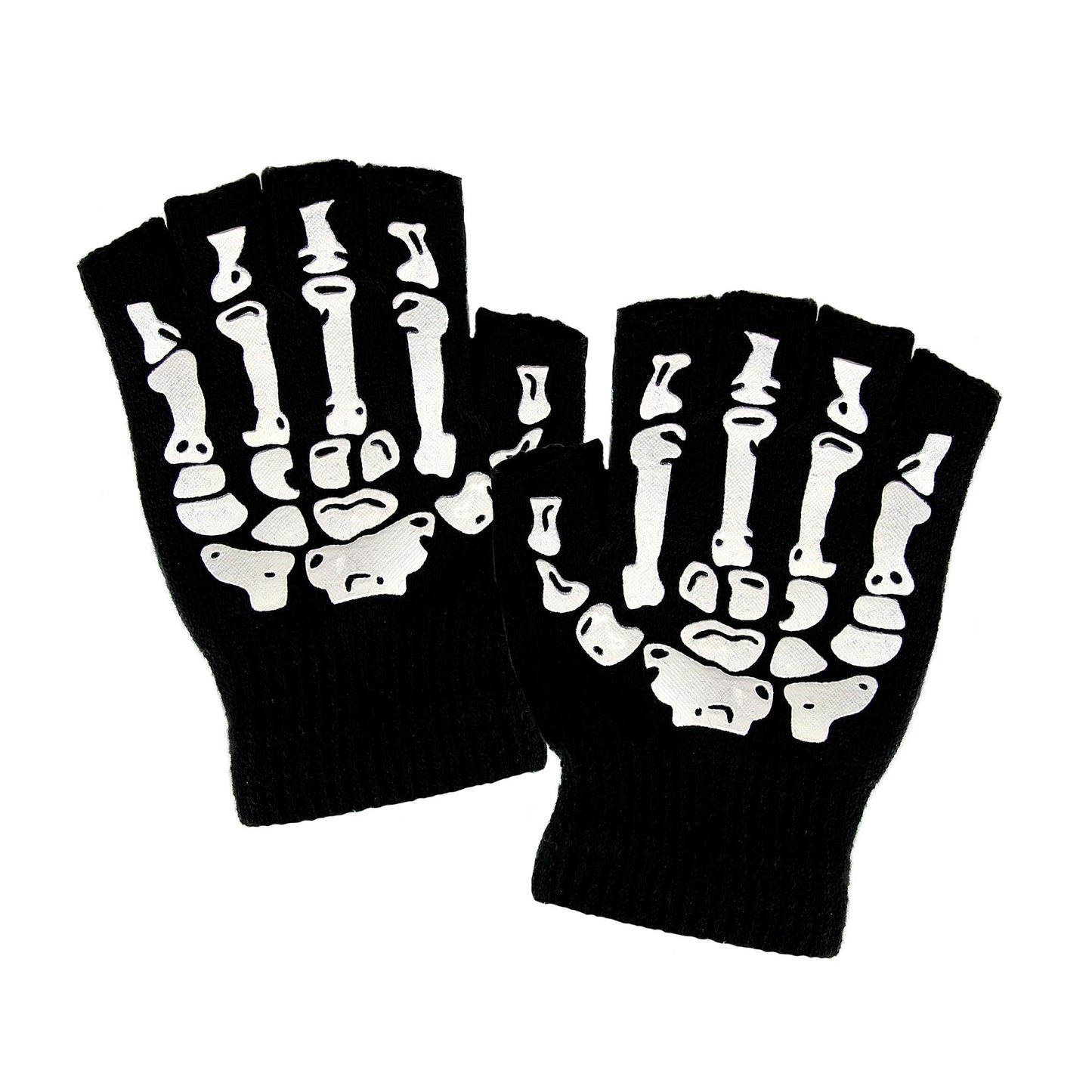 "FINGERLOSE HANDSCHUHE MIT SKELETTAUFDRUCK" aus Wolle – Vorderansicht