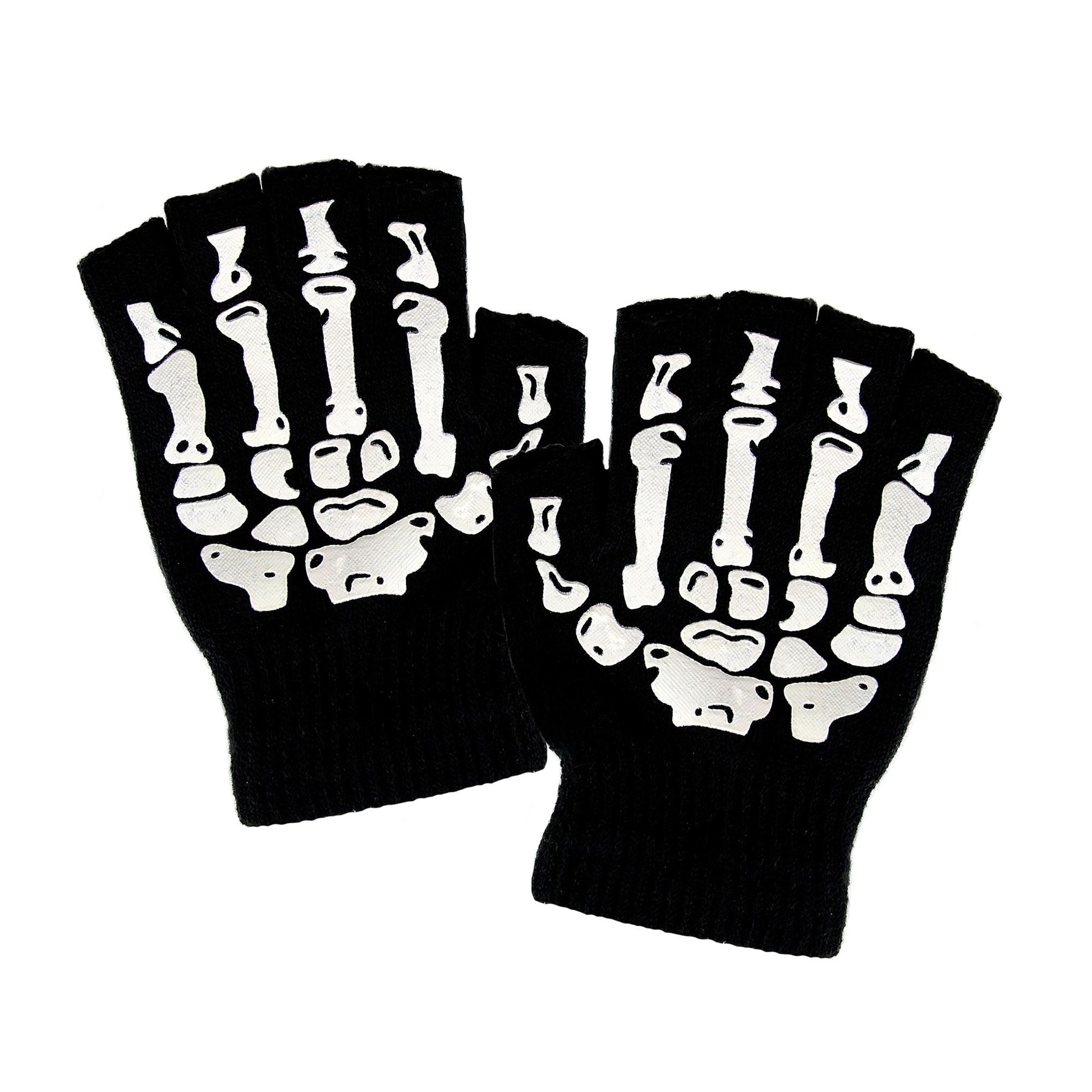 "FINGERLOSE HANDSCHUHE MIT SKELETTAUFDRUCK" aus Wolle – Vorderansicht