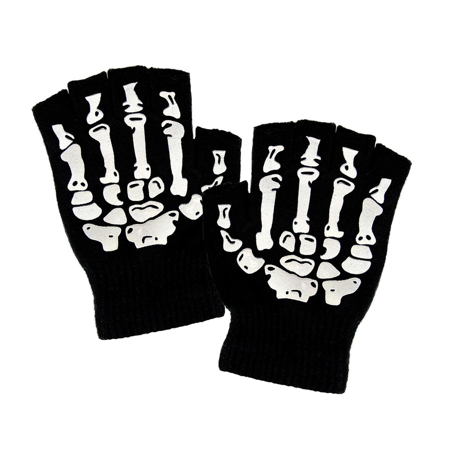"FINGERLOSE HANDSCHUHE MIT SKELETTAUFDRUCK" aus Wolle – Vorderansicht