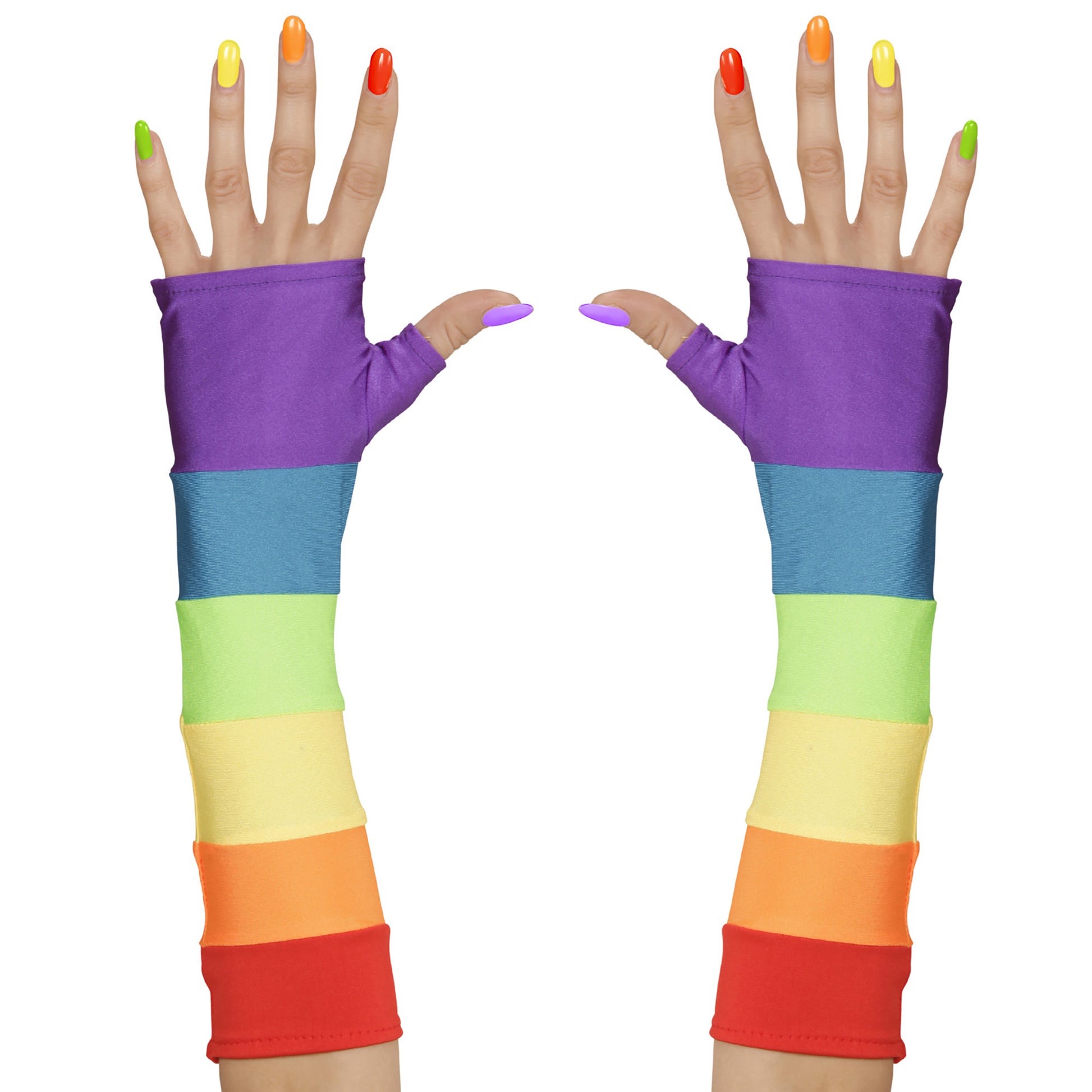 "FINGERLOSE SATINHANDSCHUHE IN REGENBOGENFARBE - 33 cm" – Vorderansicht