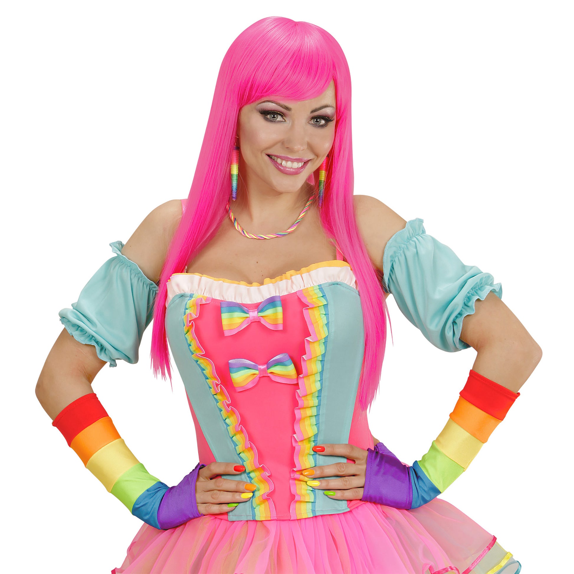 "FINGERLOSE SATINHANDSCHUHE IN REGENBOGENFARBE - 33 cm" – Detailansicht