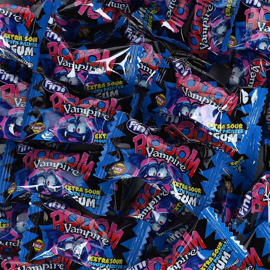 Fini Booom Vampire + Gum 200er Kaugummi Blaubeergeschmack Thekendisplay – Detailansicht