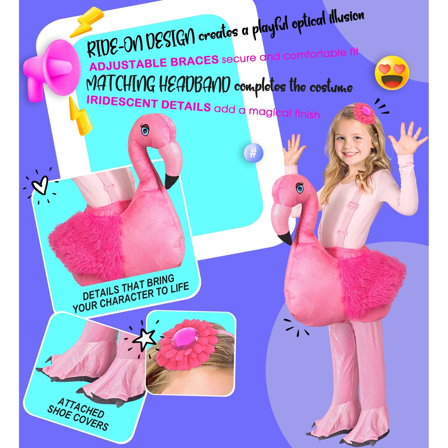 "FLAMINGO" (Huckepack Kostüm mit einstellbaren Tragegurten, Kopfschmuck) – Ansicht 3
