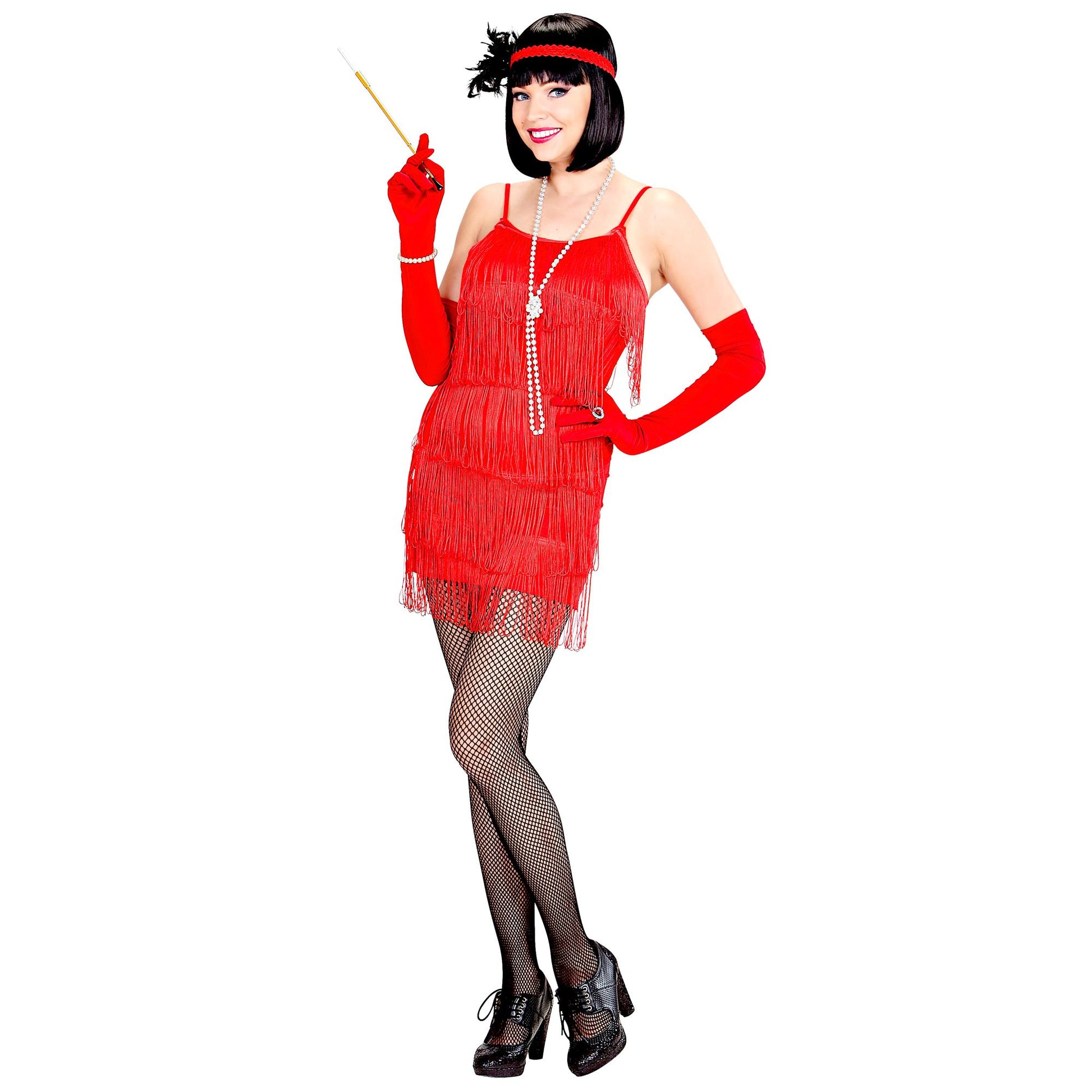 "FLAPPER" rot - (Kleid, Stirnband mit Federn) – Vorderansicht