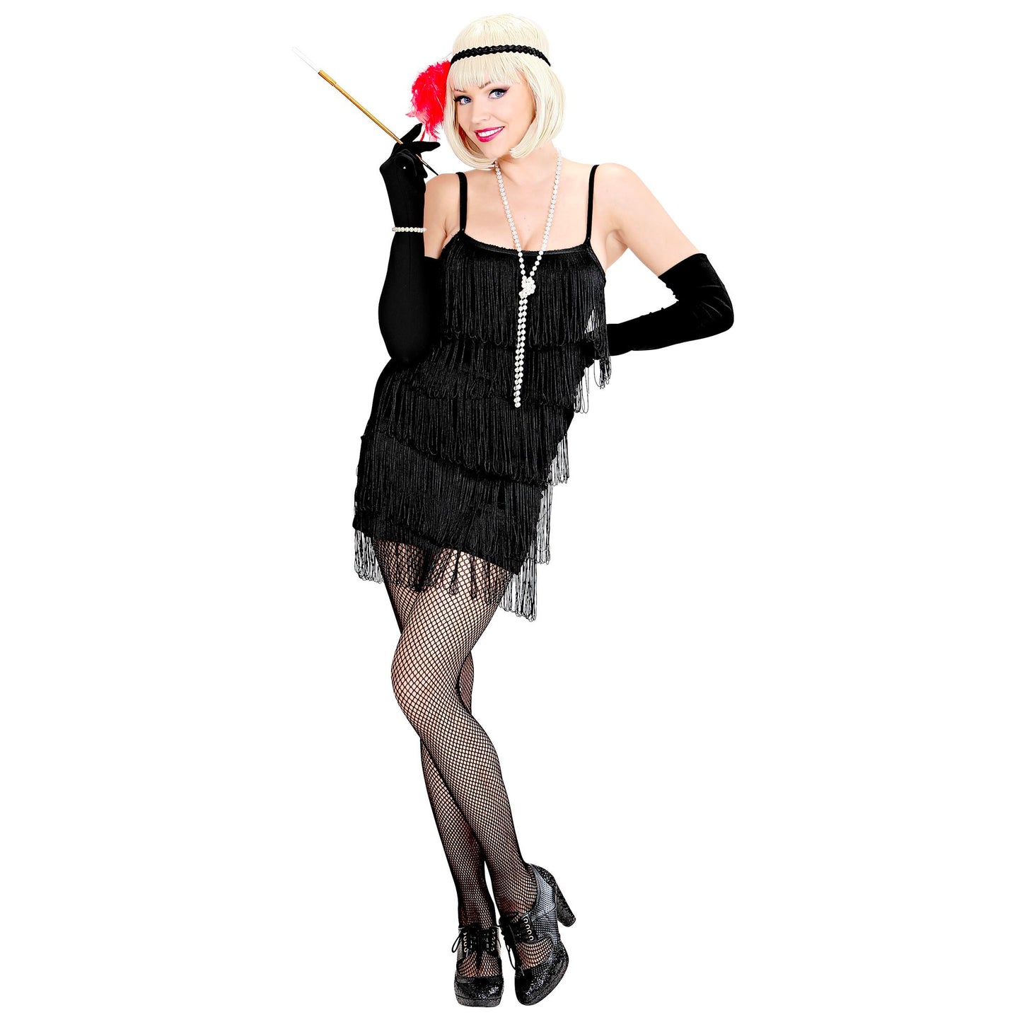 "FLAPPER" schwarz - (Kleid, Stirnband mit Federn) – Vorderansicht
