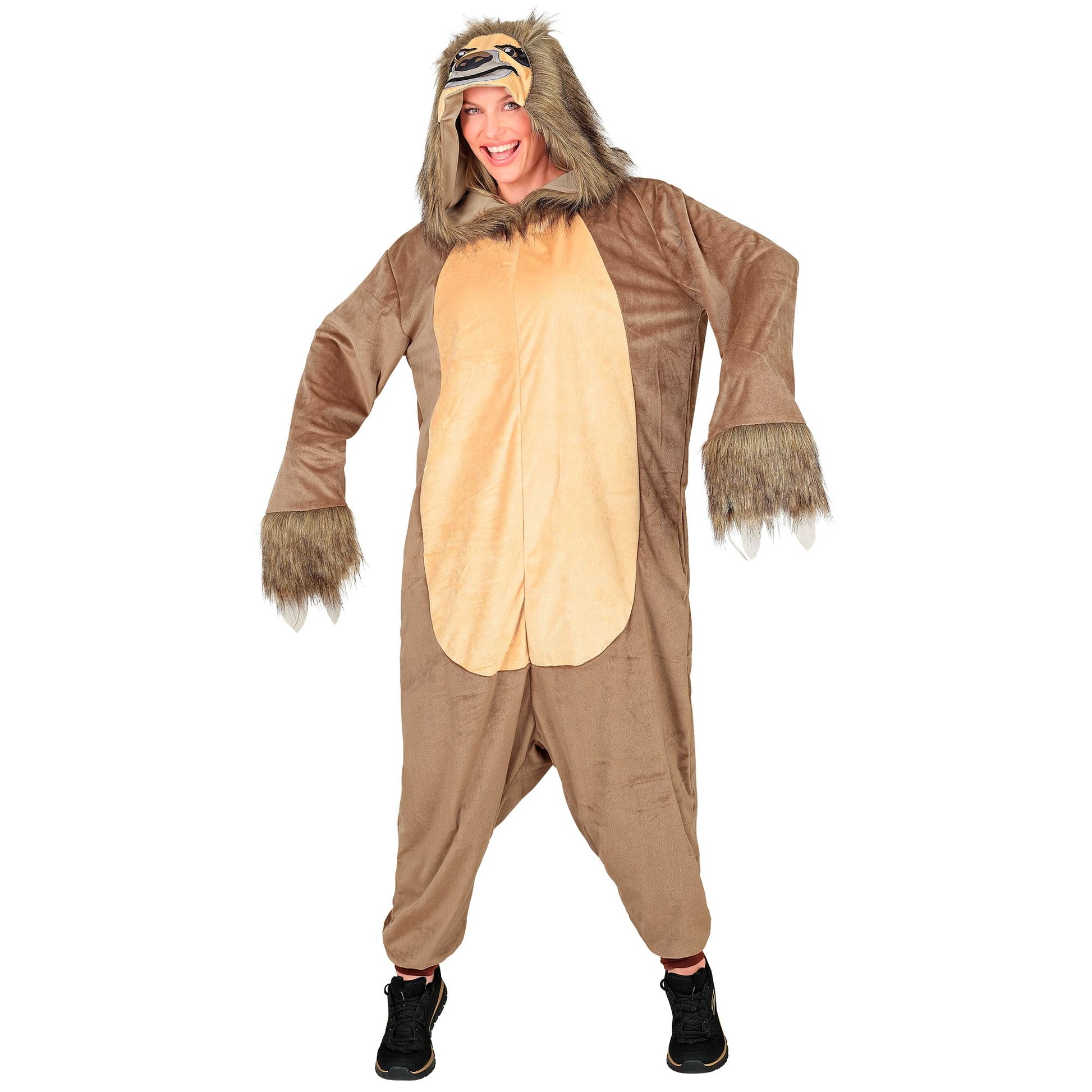 Widmann Plüsch Faultier Kostüm Overall Onesie Braun mit Kapuze – Seitenansicht