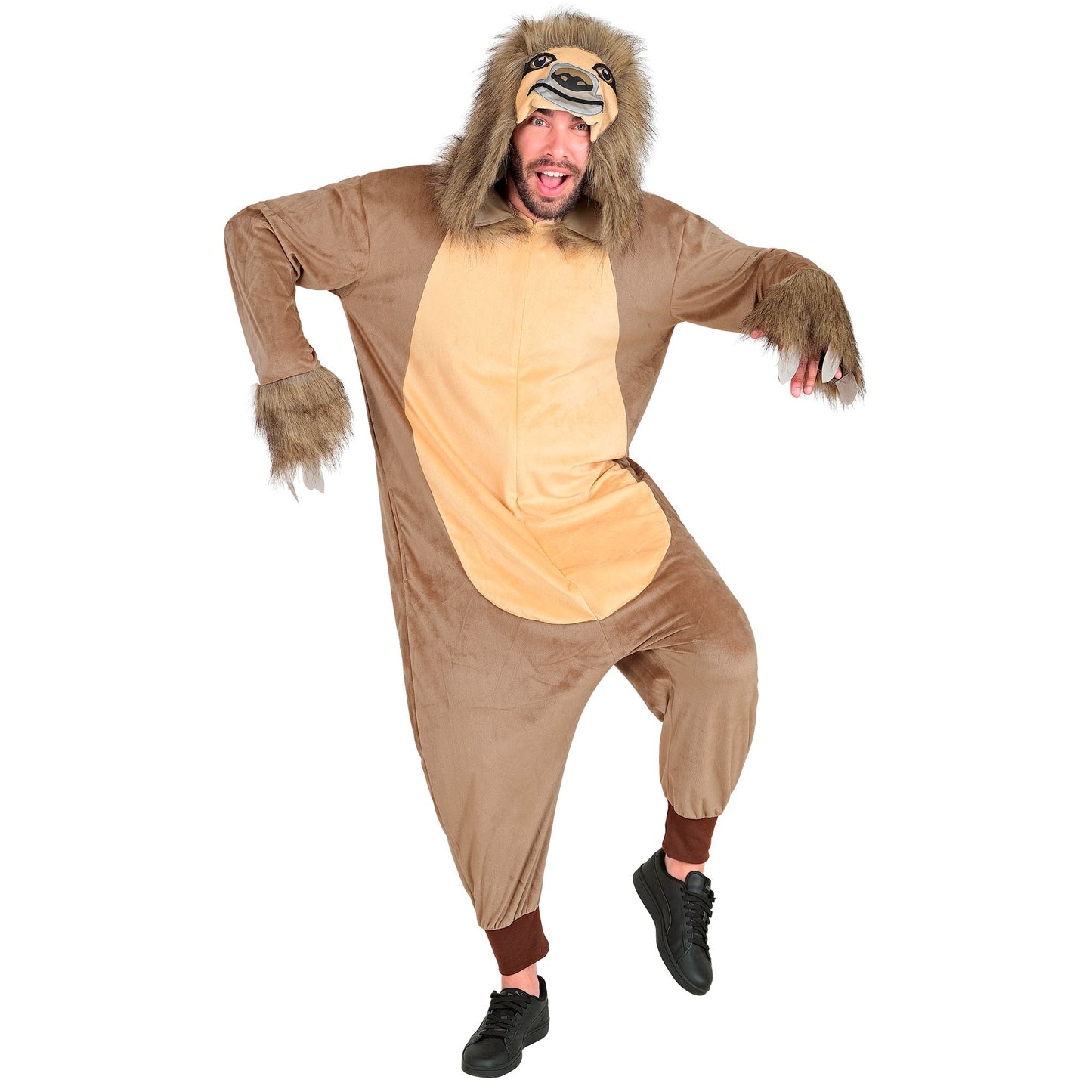 Widmann Plüsch Faultier Kostüm Overall Onesie Braun mit Kapuze – Rückansicht
