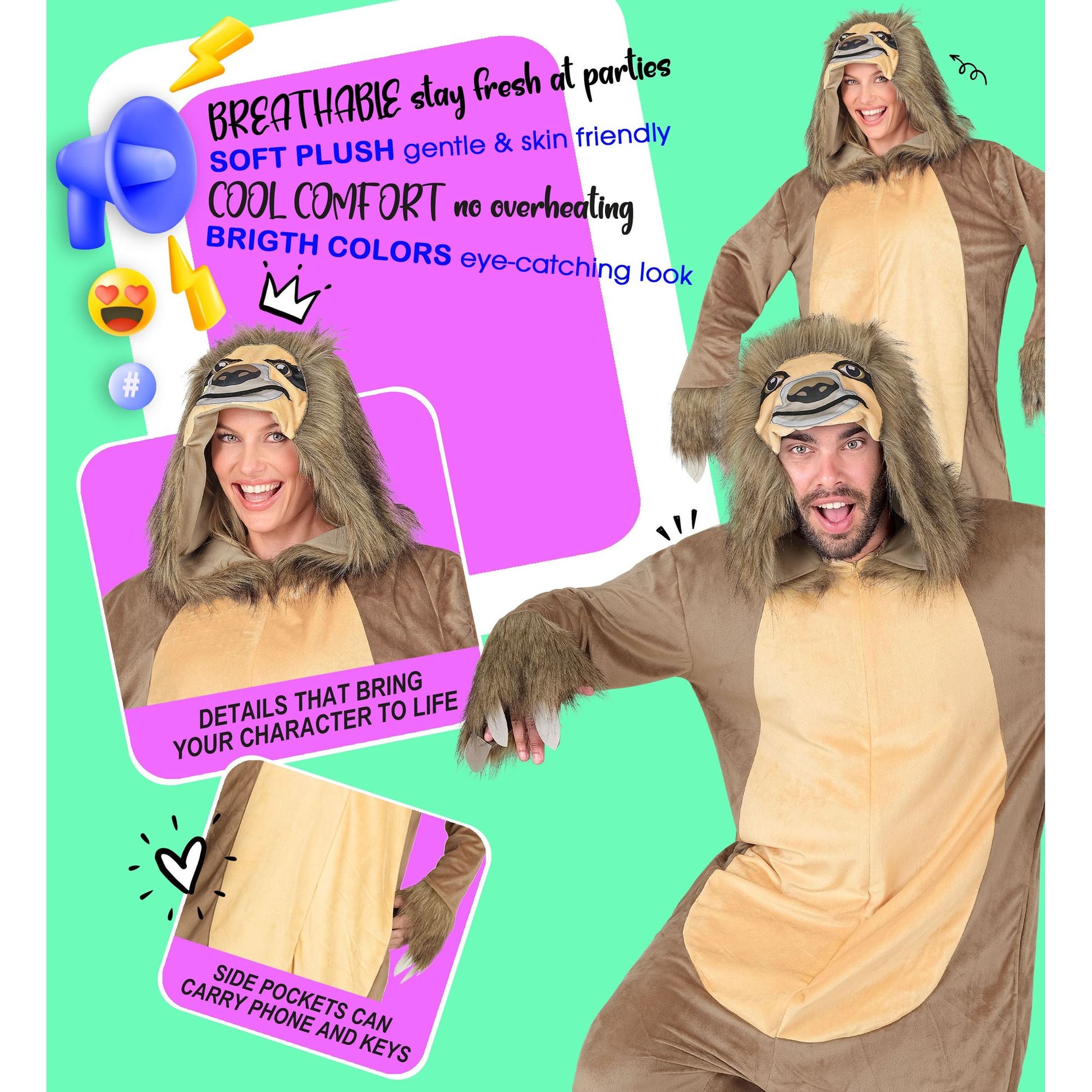 Widmann Plüsch Faultier Kostüm Overall Onesie Braun mit Kapuze – Anwendungsansicht