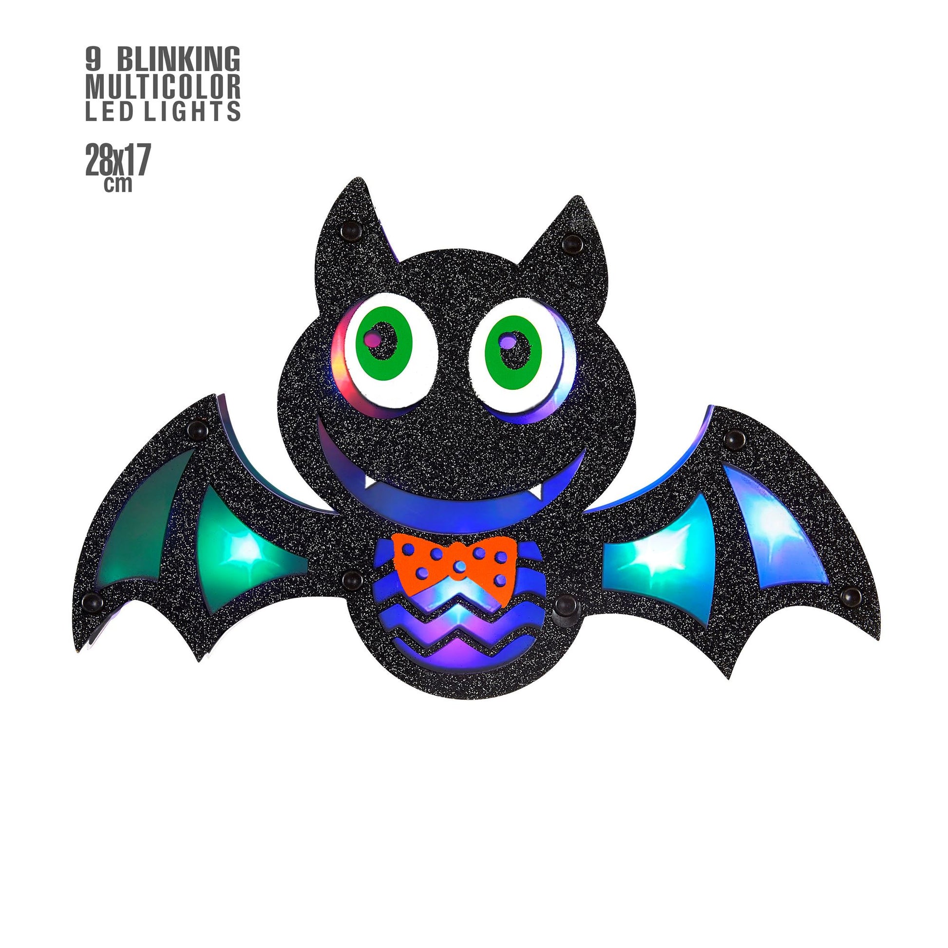 "FLEDERMAUS WANDDEKORATION MIT 9 LEUCHTENDEN MEHRFARBIGEN LED LICHTERN" 28x17 cm – Vorderansicht