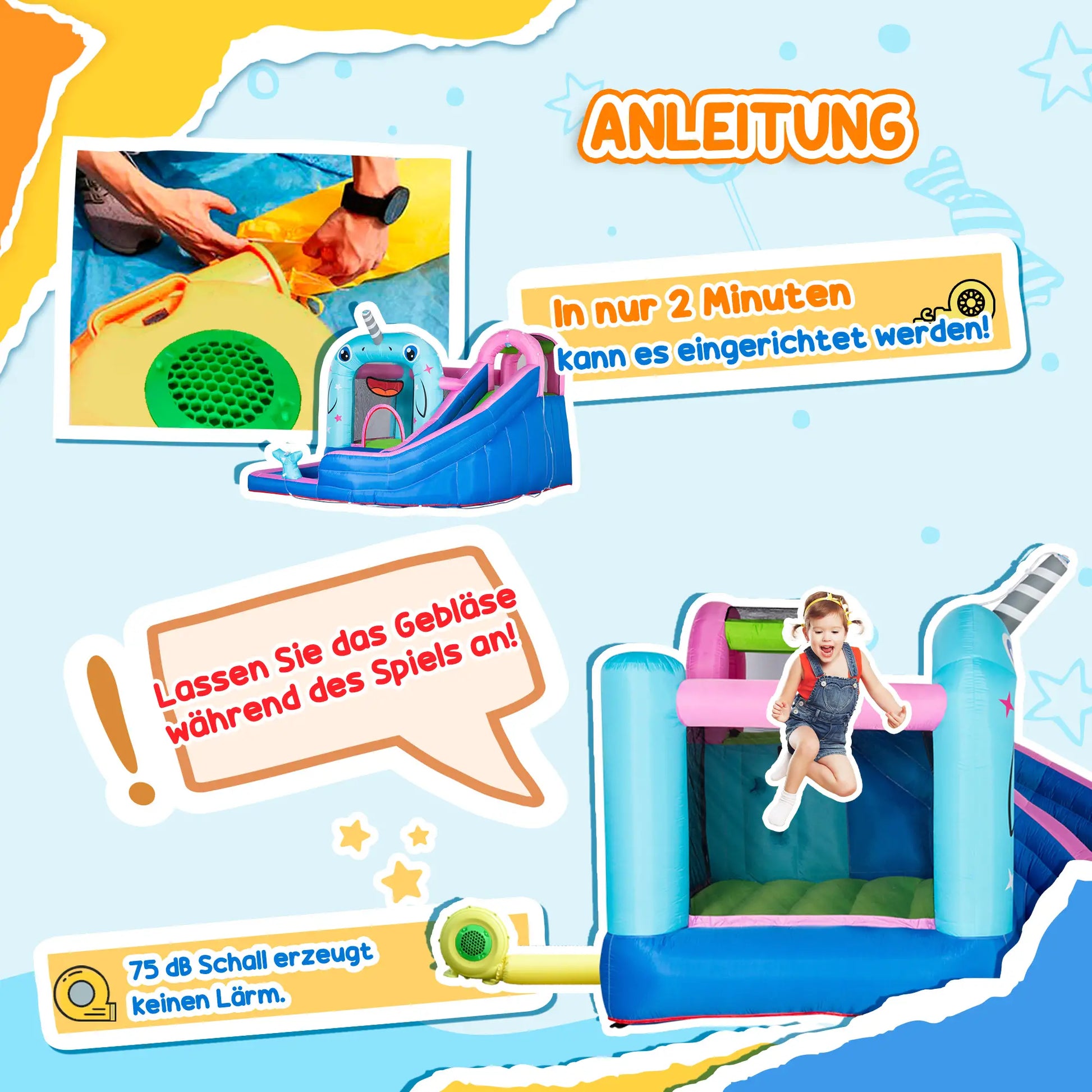 Aufblasbare Hüpfburg mit Rutsche und Wasserbecken in bunten Farben für Kinder im Garten.