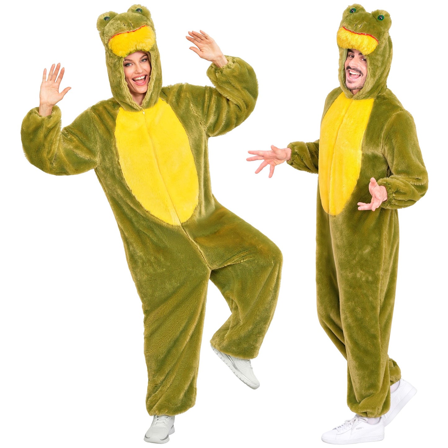 "FROSCH EXTRA WEICHES PLÜSCHKOSTÜM" (Overall mit Kapuze) – Vorderansicht