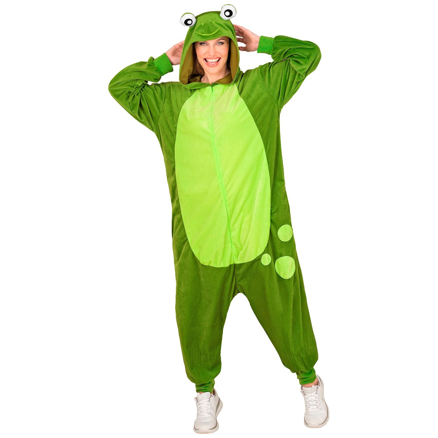 Widmann Plüsch Frosch Kostüm Overall Onesie mit Kapuze Grün – Seitenansicht