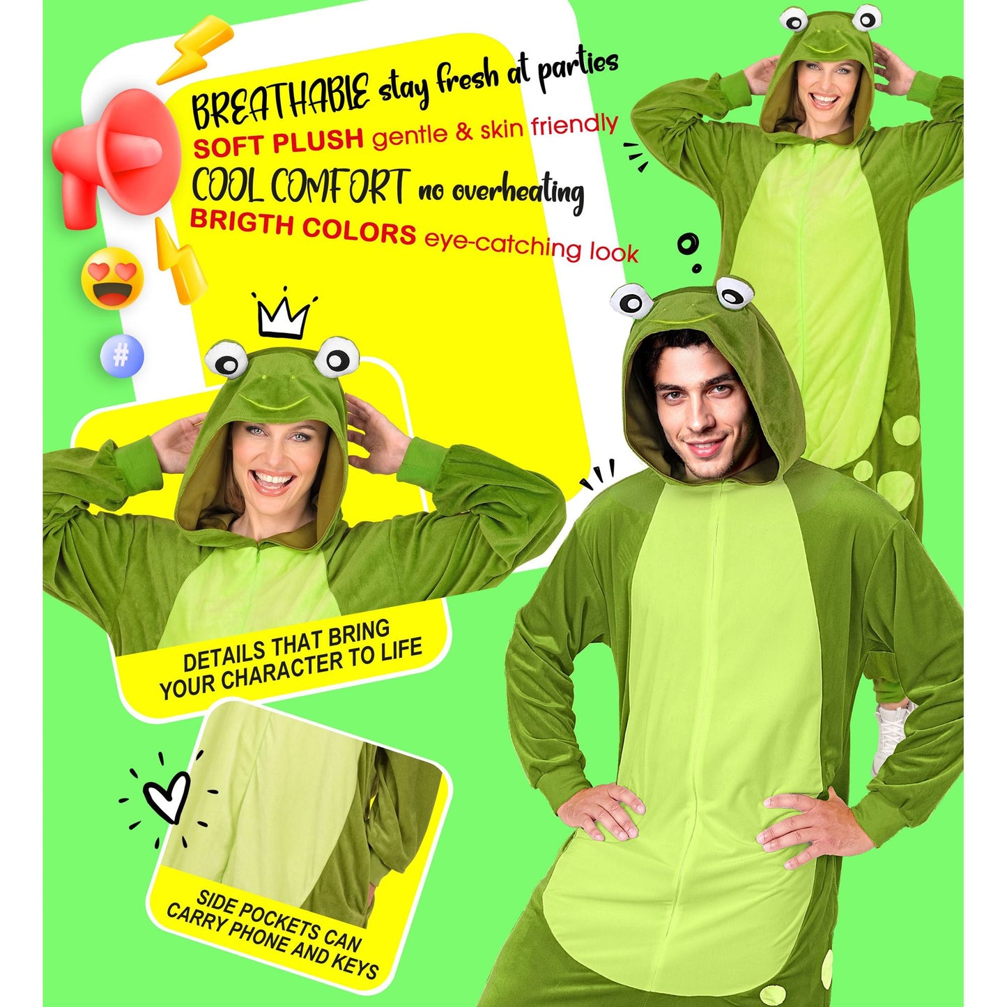 Widmann Plüsch Frosch Kostüm Overall Onesie mit Kapuze Grün – Verpackung