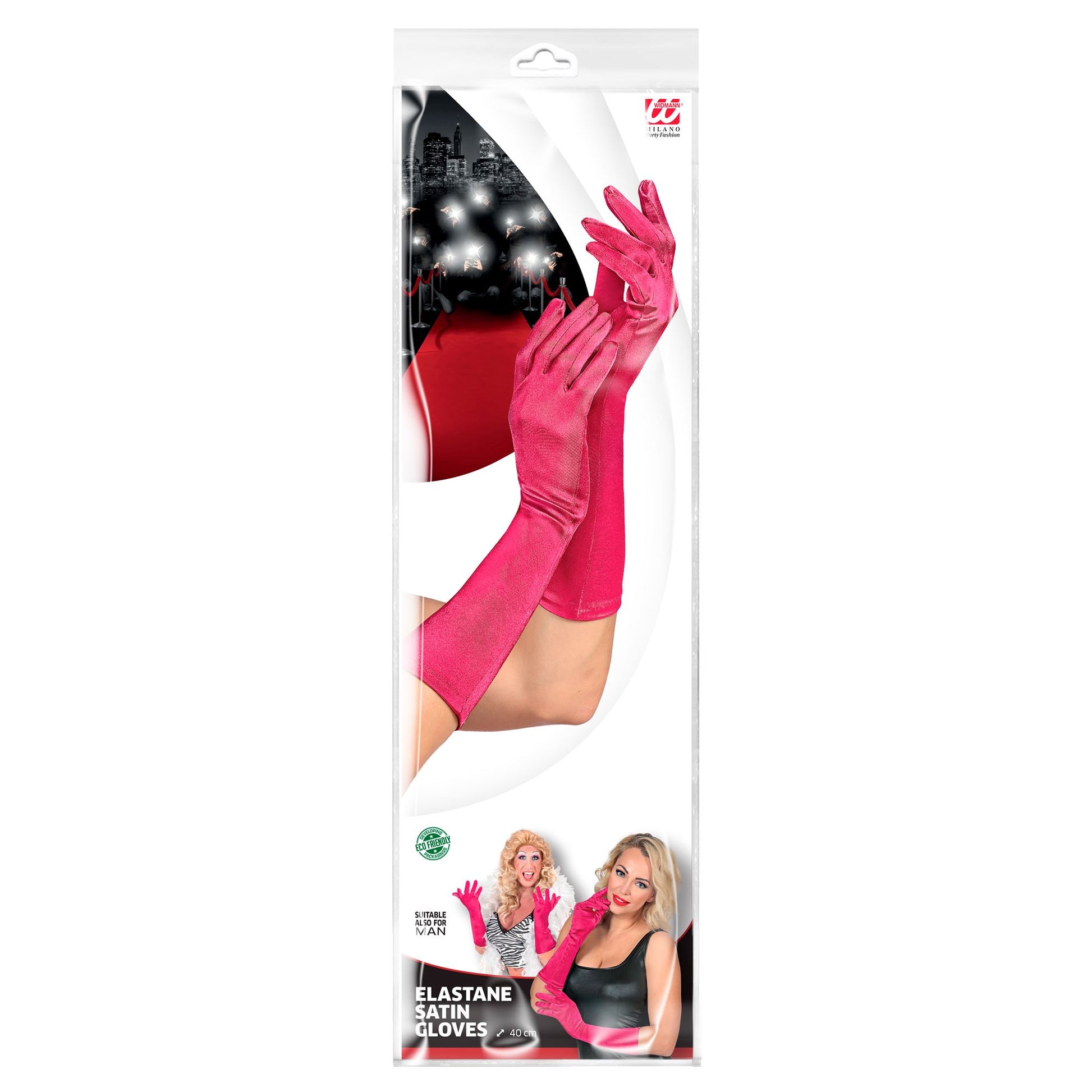 "FUCHSIA SATIN HANDSCHUHE IN ELASTHAN" 40 cm – Detailansicht