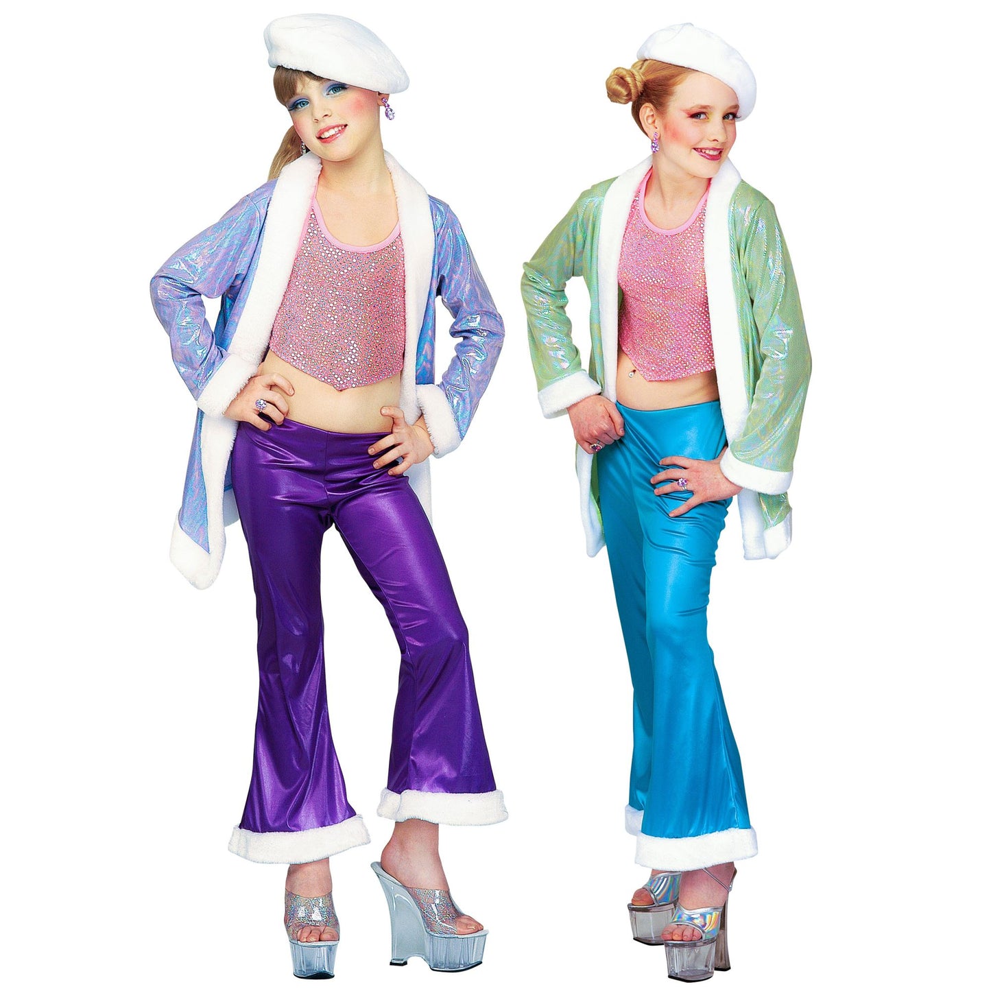 "FUNKY TEEN" sort. in 2 Farben (Paillettentop, Hose und Jacke mit Plüschrand, Plüschhut) – Vorderansicht