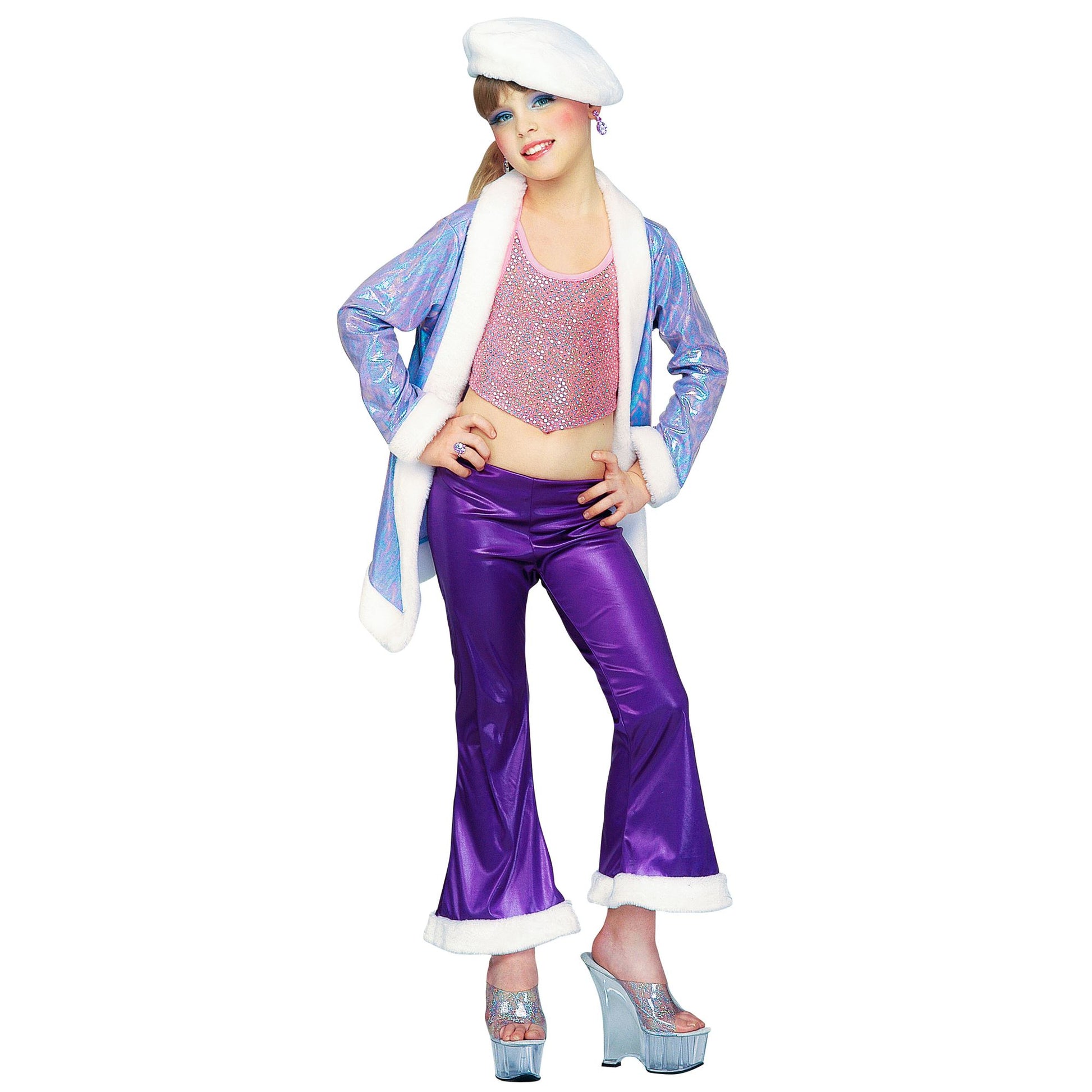 "FUNKY TEEN" sort. in 2 Farben (Paillettentop, Hose und Jacke mit Plüschrand, Plüschhut) – Detailansicht