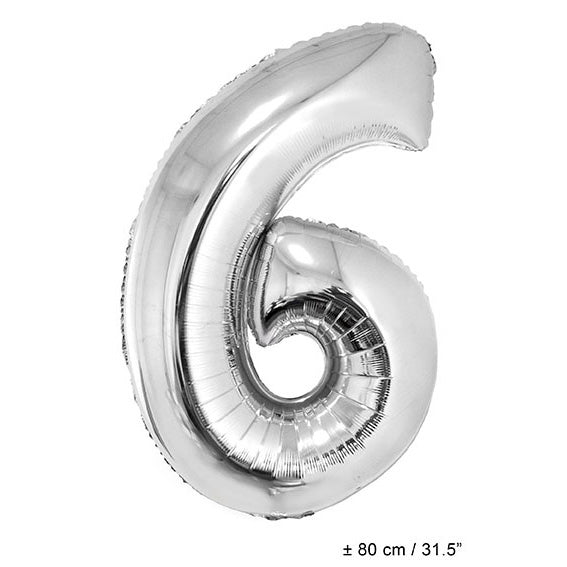 FunnyFashion Folienballon Zahl 6 Silber 80cm Partydeko