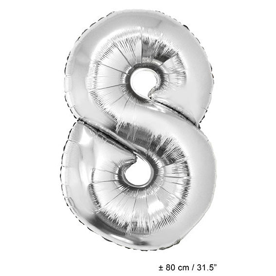 FunnyFashion Folienballon Zahl 8 Silber 80cm Partydekoration
