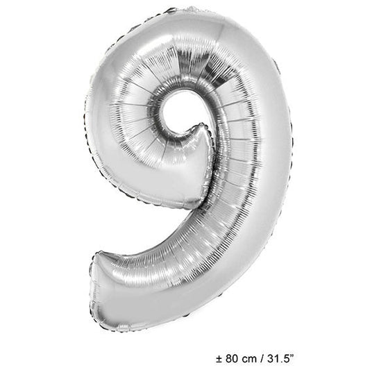 FunnyFashion Silber Folienballon Zahl 9 – 80cm Helium Partydeko - Fasnacht24.ch