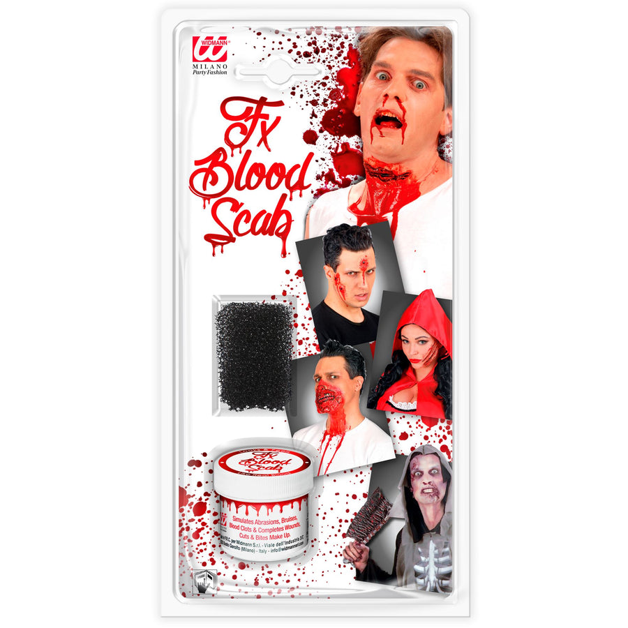 "FX BLUTSCHORF MIT SCHWAMM IN CLAM SHELL VERPACKUNG" (blood scab 28,4 g, Schwamm) – Vorderansicht