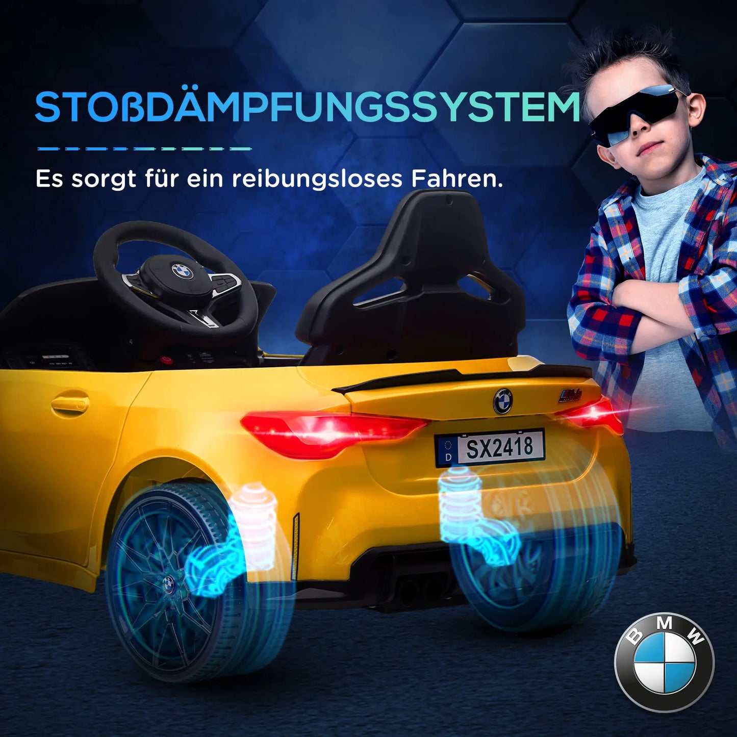 Gelbes BMW M4 Elektro Kinderauto mit Fernbedienung und LED-Scheinwerfern.