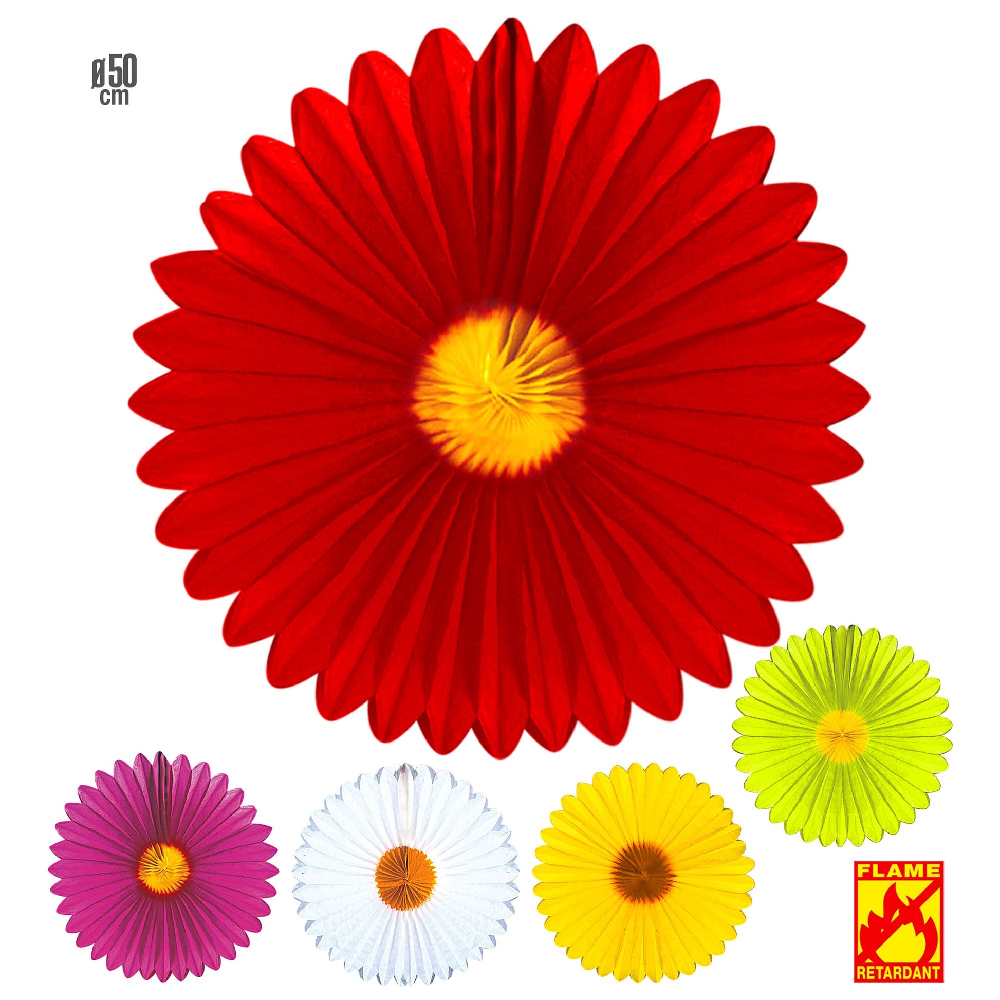 "GÄNSEBLÜMCHEN ROSETTE" Ø 50 cm - sort. in 5 Farben: 3 weiß, 3 gelb, 2 rosa, 2 rot, 2 grün - schwer entflammbar – Vorderansicht