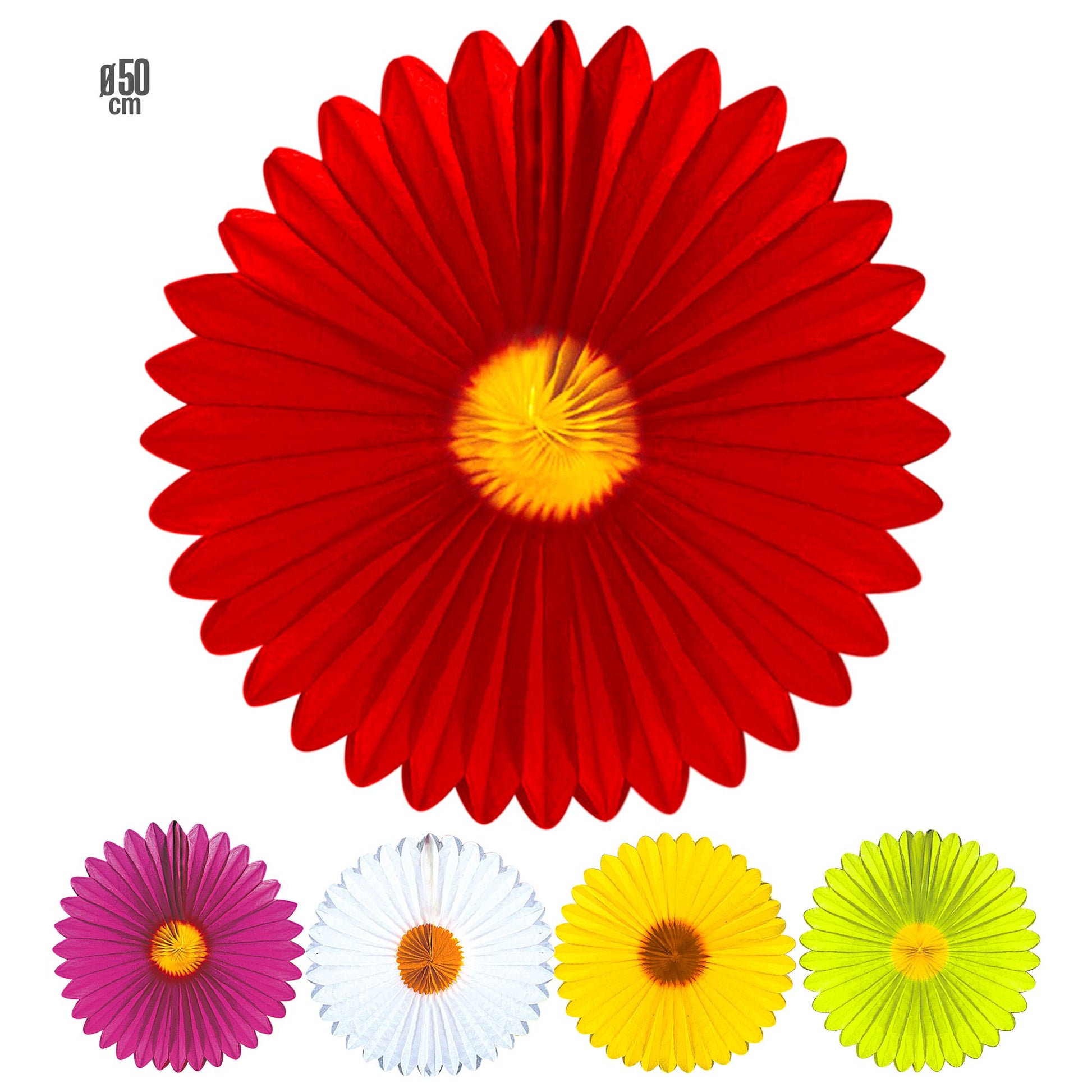 "GÄNSEBLÜMCHEN ROSETTE" Ø 50 cm - sort. in 5 Farben: 3 weiß, 3 gelb, 2 rosa, 2 rot, 2 grün – Vorderansicht
