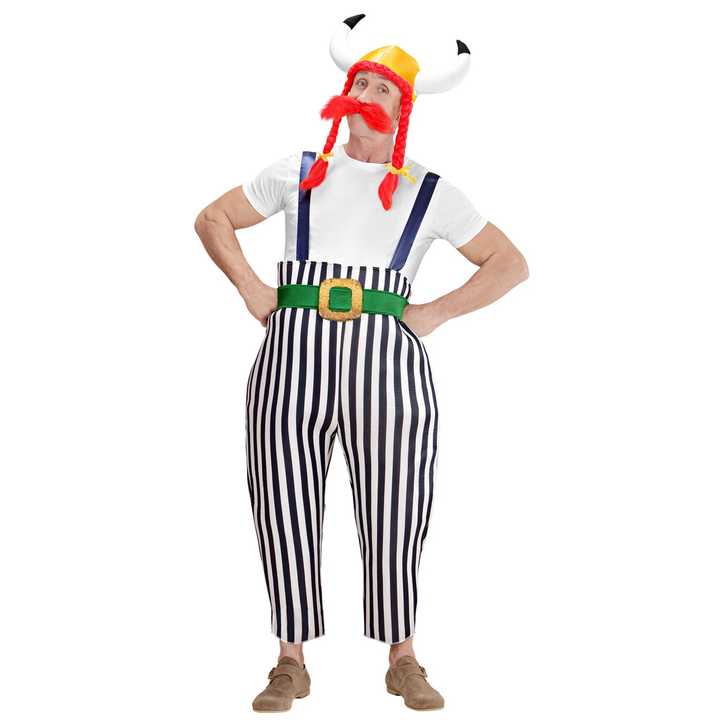 "GALLIER" (Maxi Hose mit Hosenträgern, Gürtel, Helm mit Zöpfen, Schnurrbart) – Vorderansicht