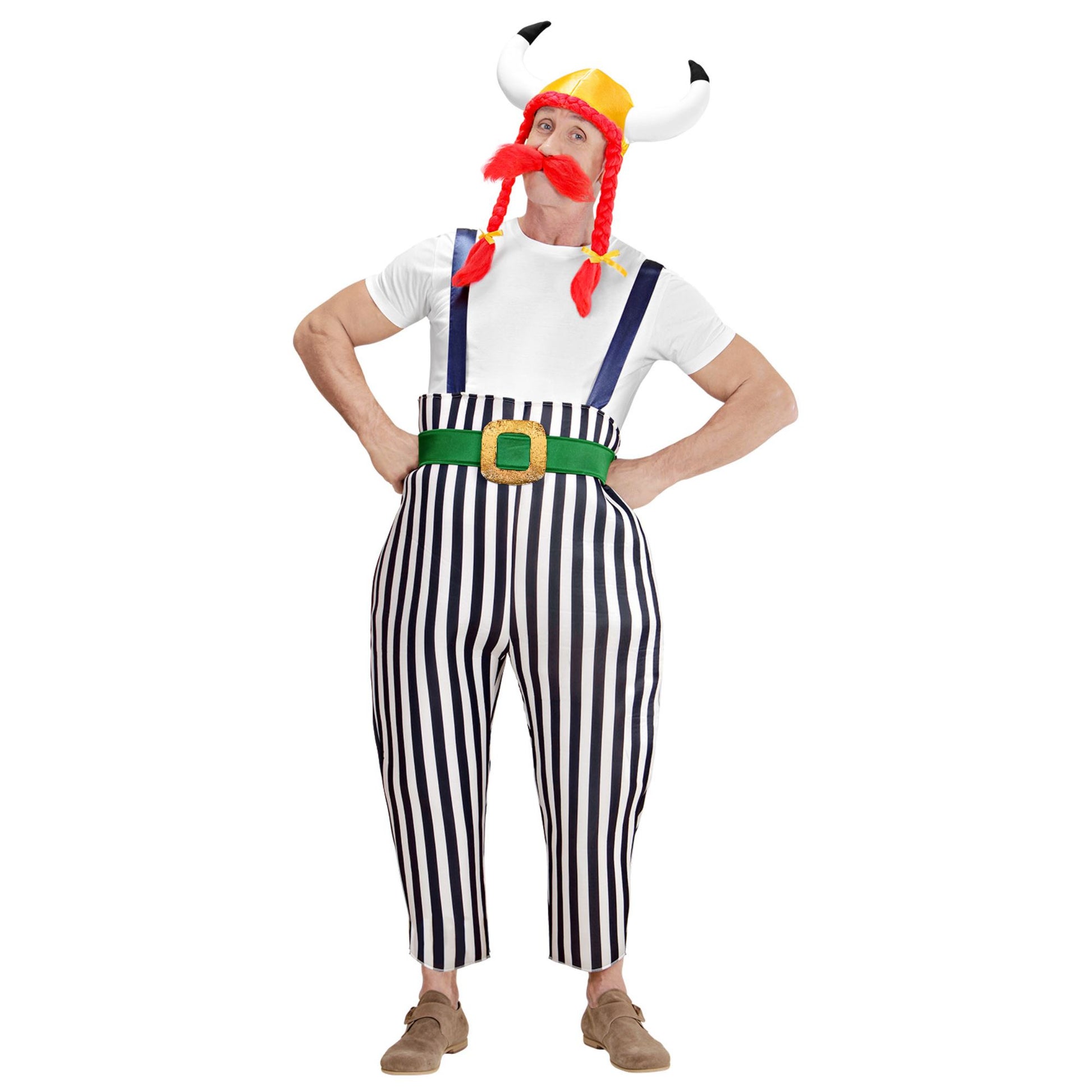 "GALLIER" (Maxi Hose mit Hosenträgern, Gürtel, Helm mit Zöpfen, Schnurrbart) – Vorderansicht