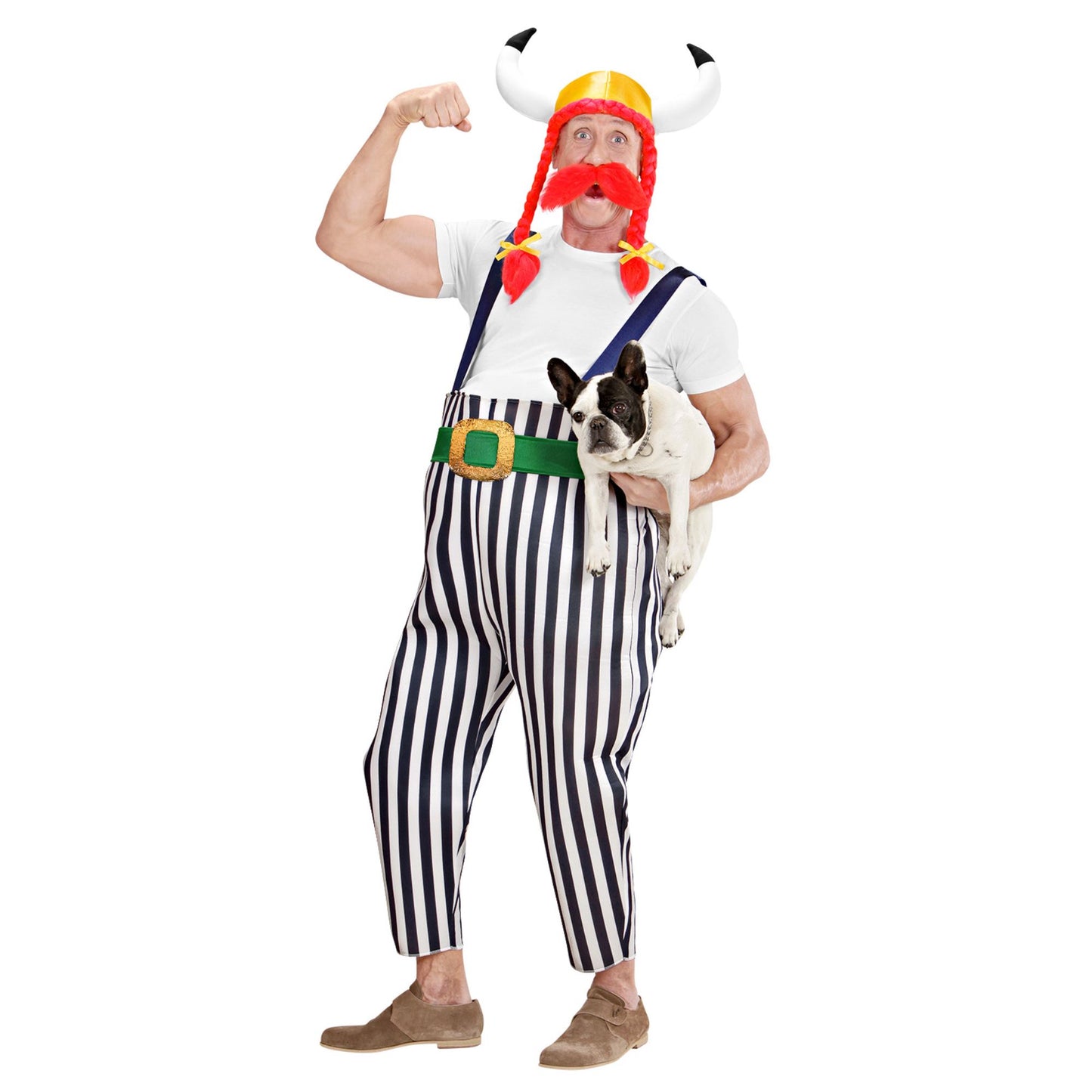 "GALLIER" (Maxi Hose mit Hosenträgern, Gürtel, Helm mit Zöpfen, Schnurrbart) – Detailansicht