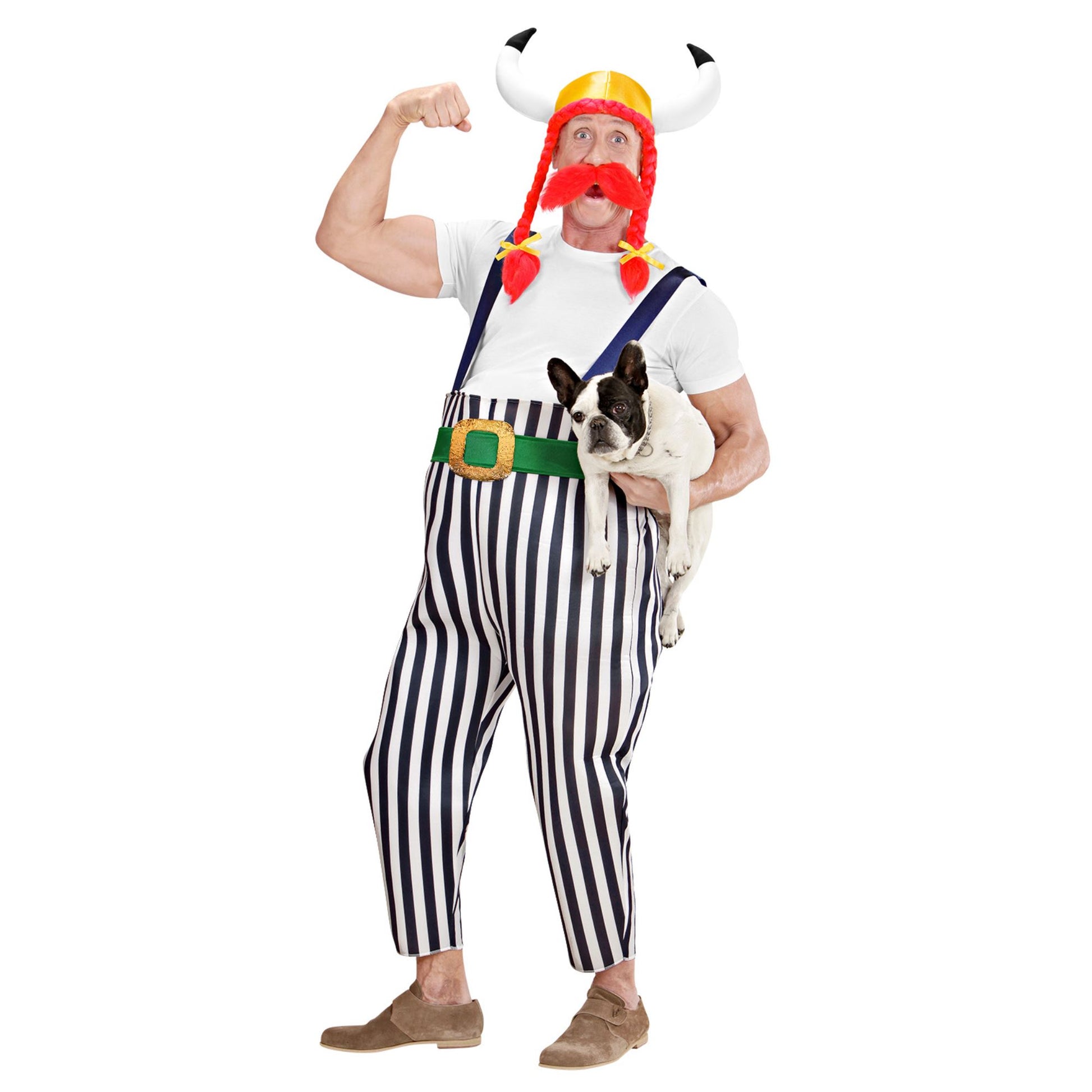 "GALLIER" (Maxi Hose mit Hosenträgern, Gürtel, Helm mit Zöpfen, Schnurrbart) – Detailansicht