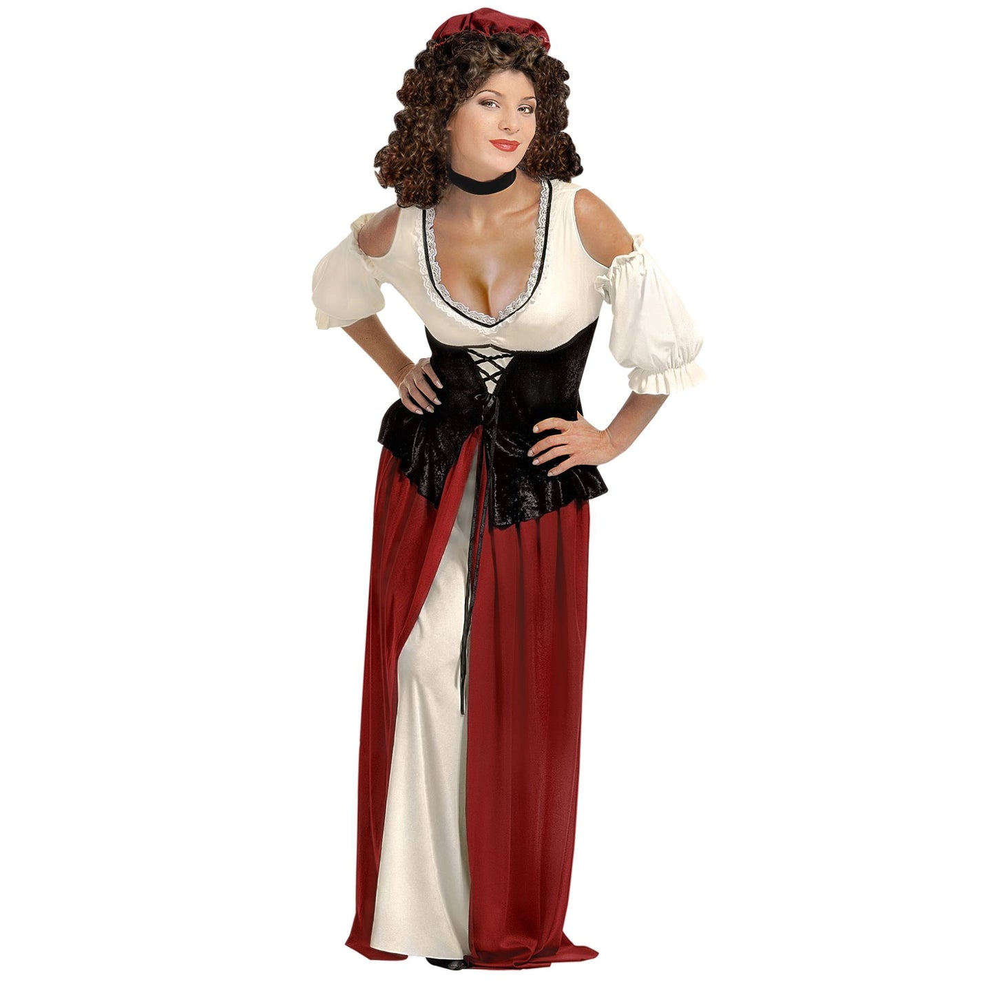 "GASTWIRTIN" (Kleid, Korsett, Halskette, Kopfbedeckung) – Vorderansicht