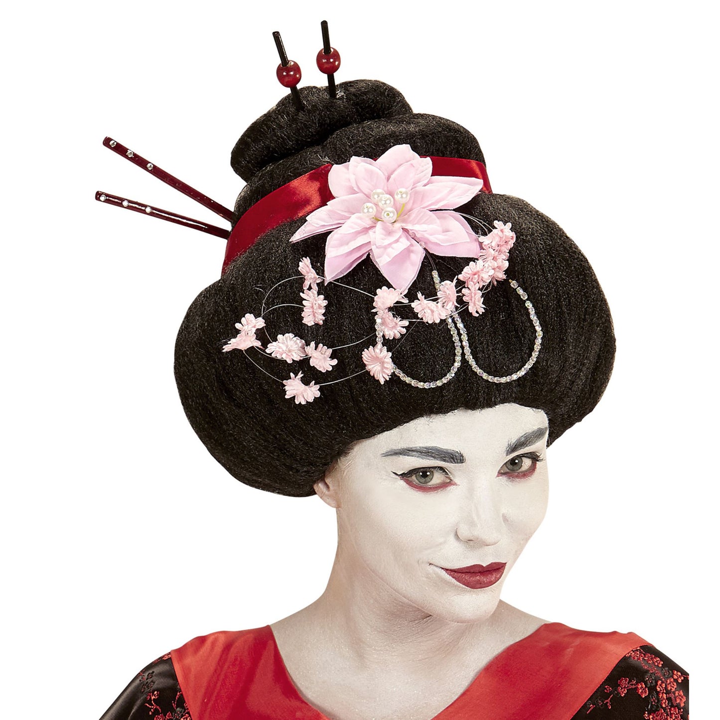 "GEISHA PERÜCKE MIT BLUMEN UND STÄBCHEN" in Box – Vorderansicht