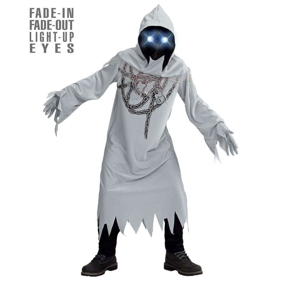 "GEIST IN KETTEN" (Robe, Handschuhe, Maske mit Kapuze und leuchtenden Augen - fade-in-fade-out Effekt) – Vorderansicht