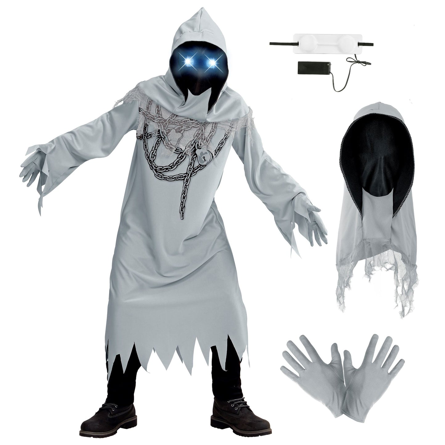 "GEIST IN KETTEN" (Robe, Handschuhe, Maske mit Kapuze und leuchtenden Augen - fade-in-fade-out Effekt) – Detailansicht