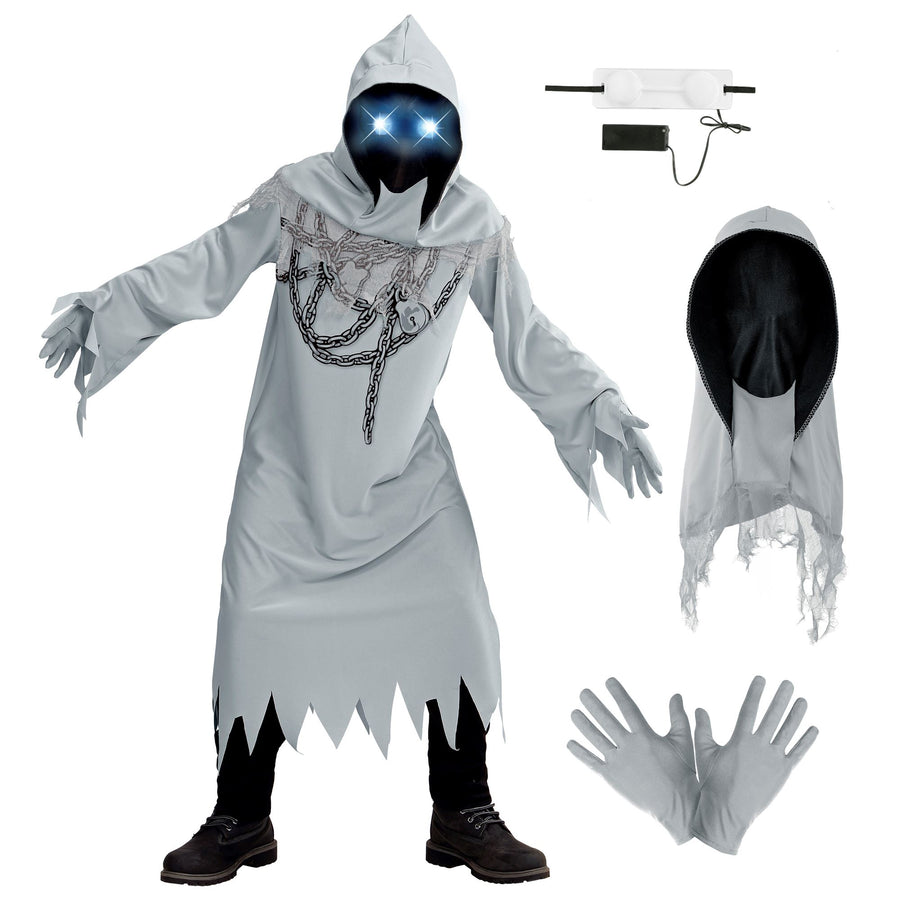 "GEIST IN KETTEN" (Robe, Handschuhe, Maske mit Kapuze und leuchtenden Augen - fade-in-fade-out Effekt) – Detailansicht