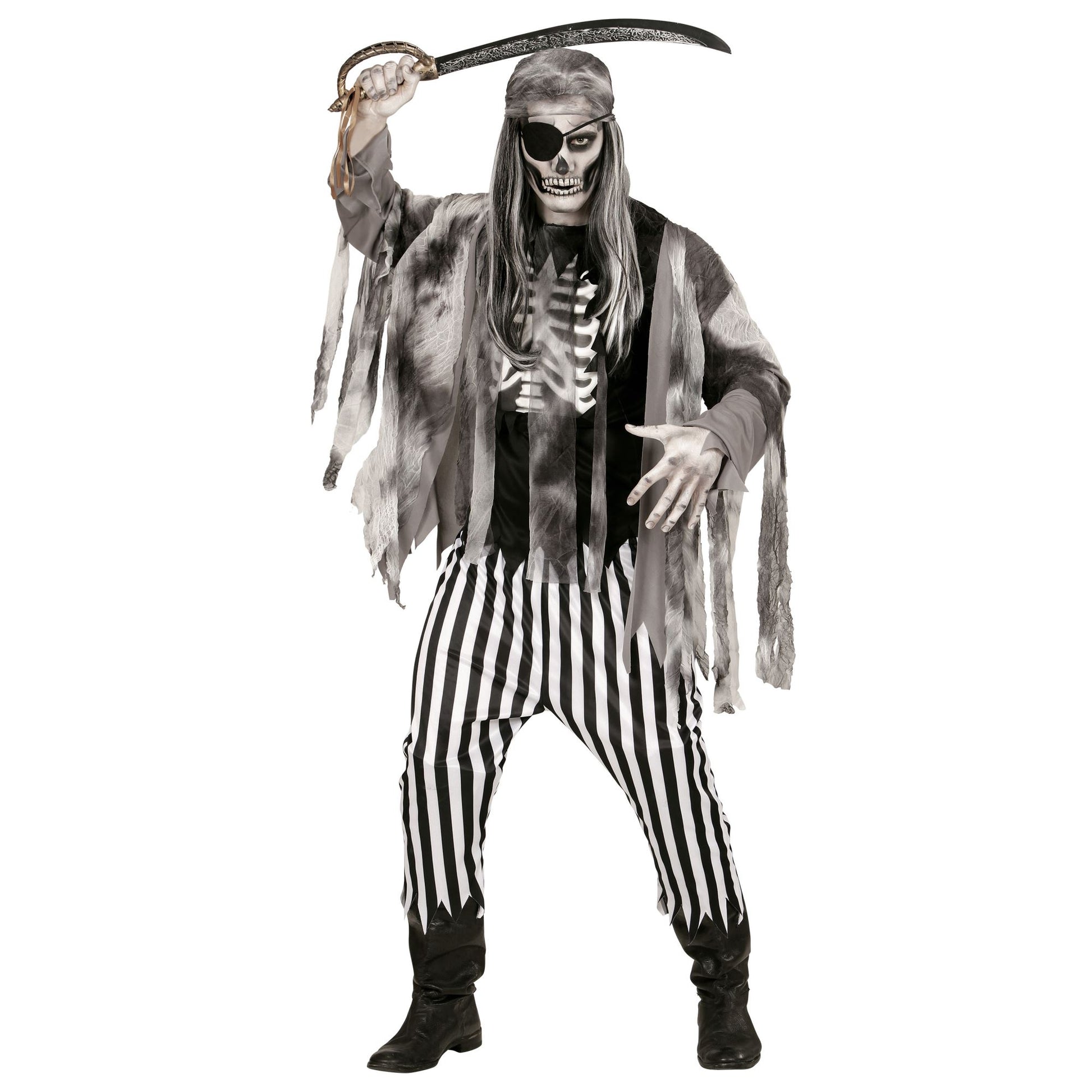 "GEISTERSCHIFFPIRAT" (Shirt mit Rippenaufdruck, Jacke, Hose, Bandana, Augenklappe) – Vorderansicht
