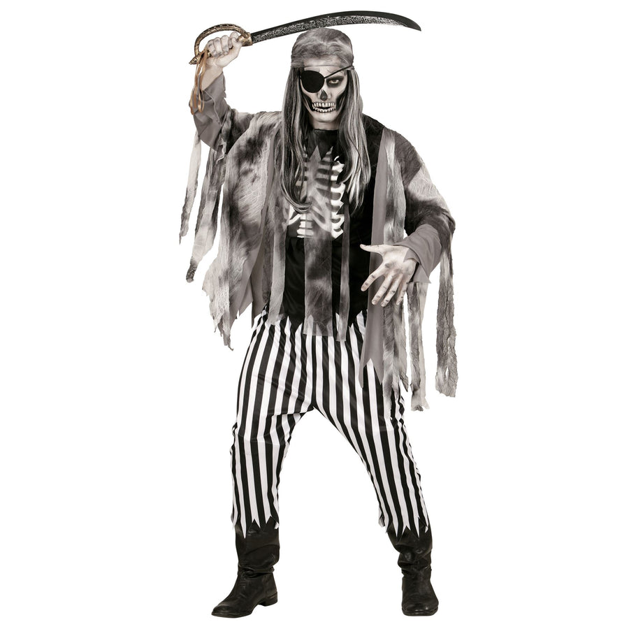"GEISTERSCHIFFPIRAT" (Shirt mit Rippenaufdruck, Jacke, Hose, Bandana, Augenklappe) – Vorderansicht