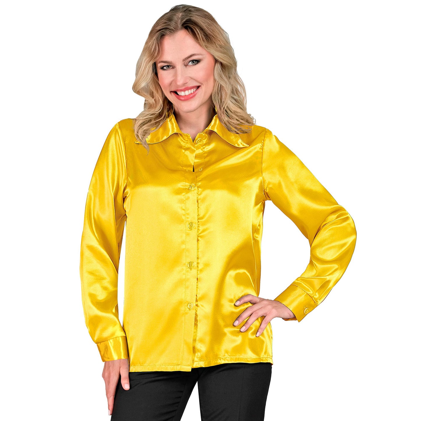 "GELBE 70s DISCO BLUSE" aus Satin – Vorderansicht