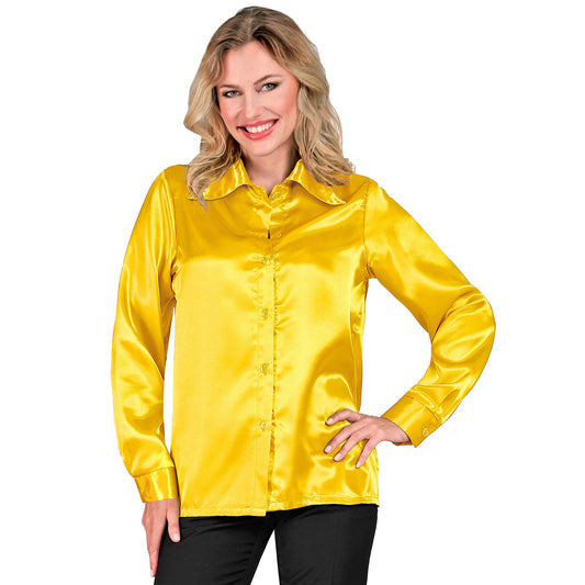 "GELBE 70s DISCO BLUSE" aus Satin – Vorderansicht