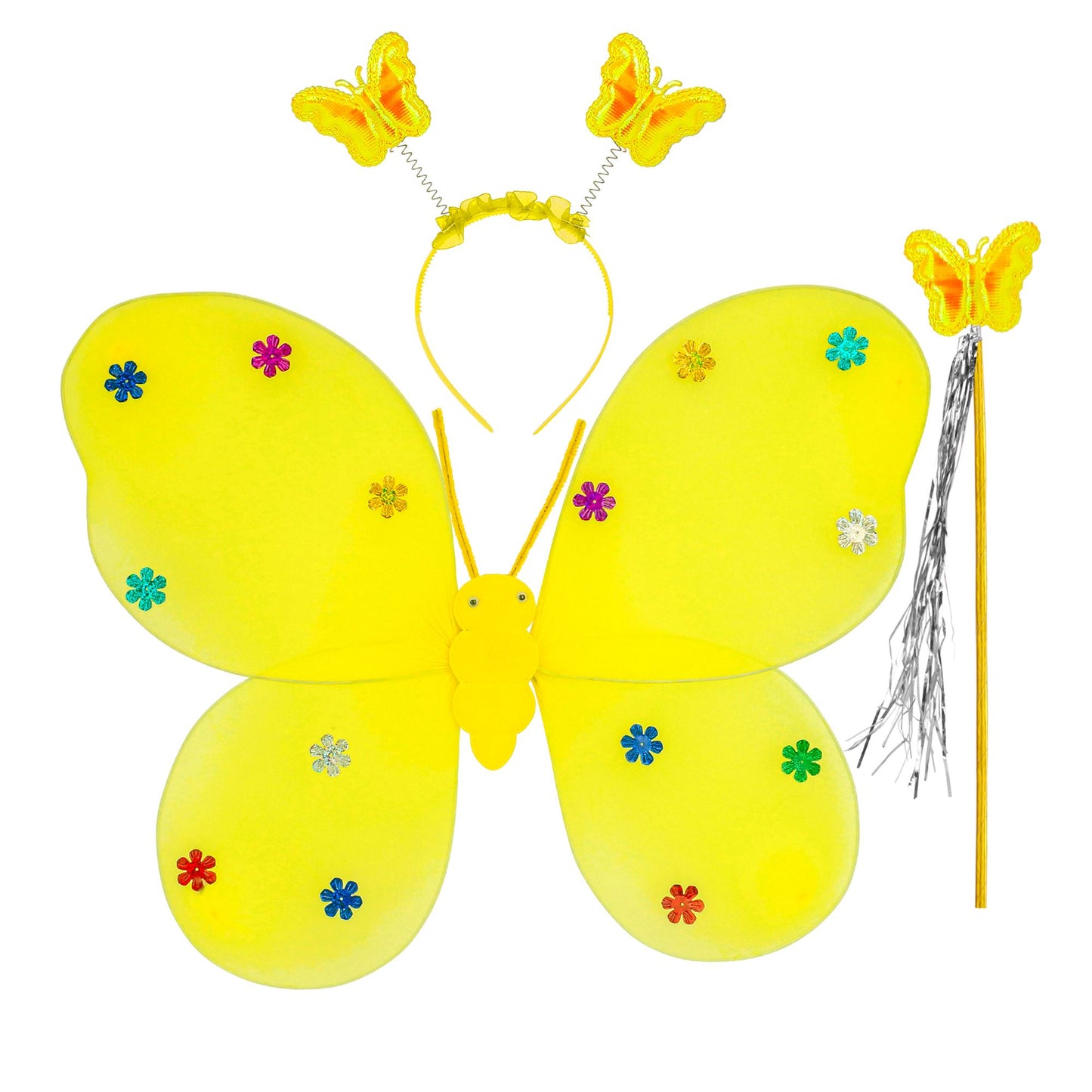 "GELBES SCHMETTERLINGS SET" (Flügel, Haarreif, Zauberstab) – Vorderansicht