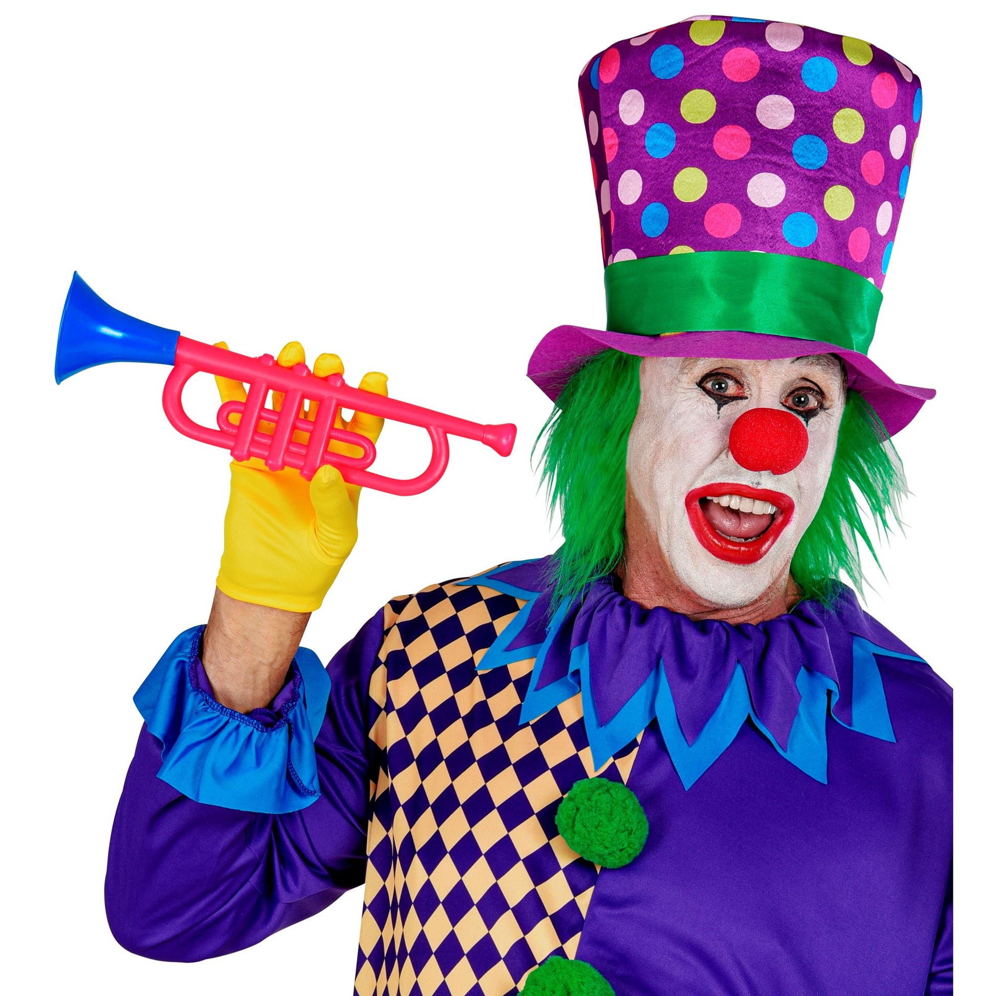 Gepunkteter Clown-Zylinder mit roten Haaren von Widmann – Seitenansicht