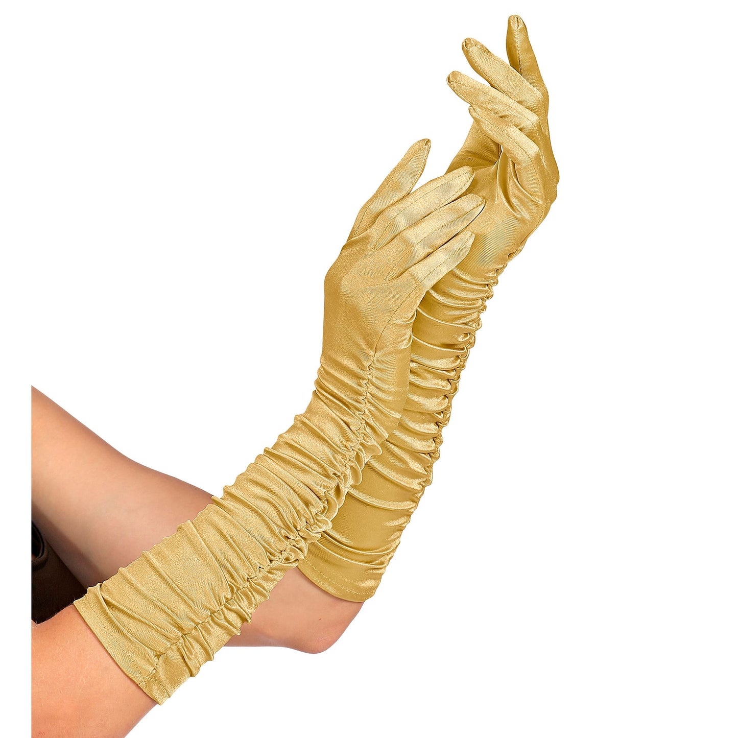 "GERAFFTE GOLDENE SATIN HANDSCHUHE IN ELASTHAN" 44 cm – Vorderansicht