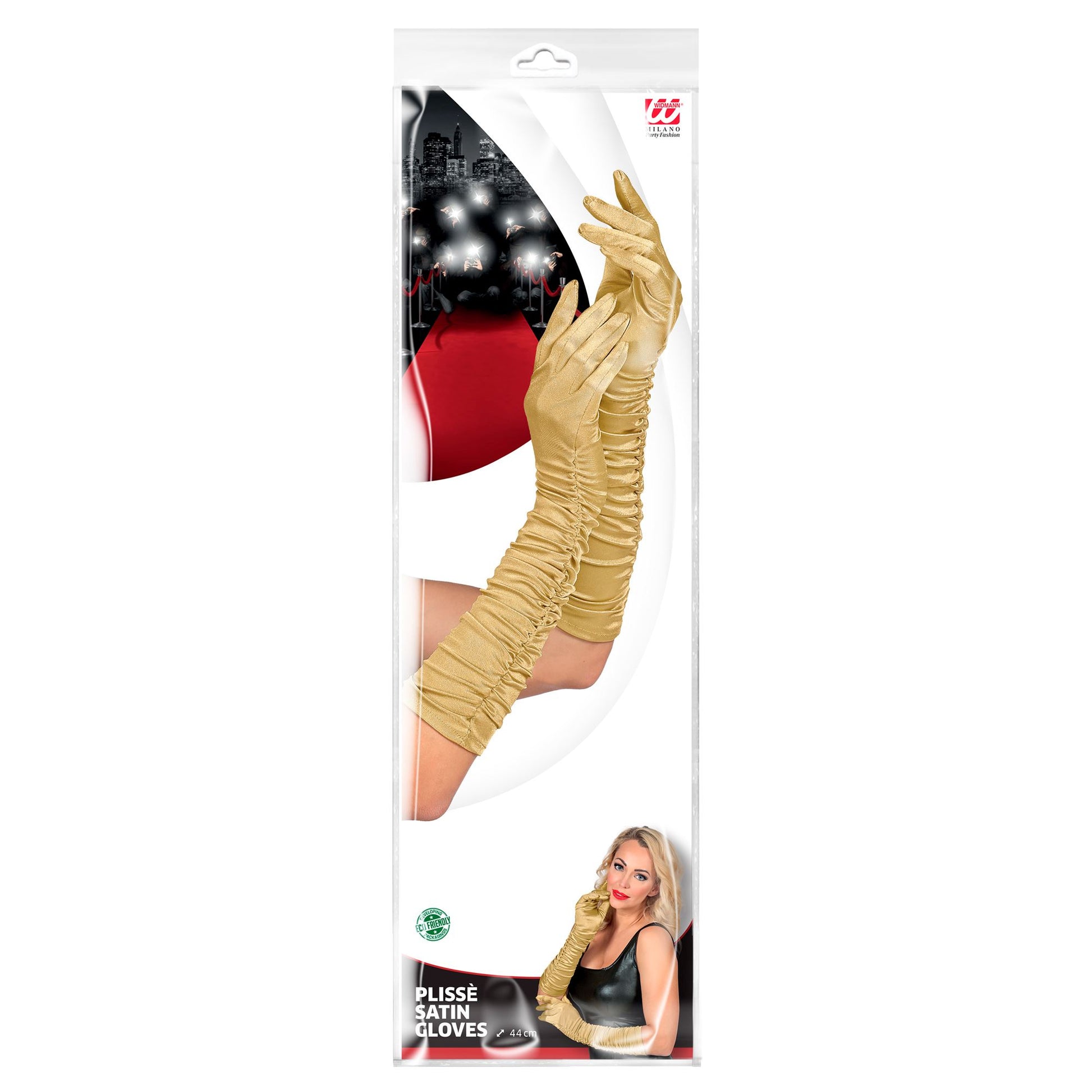 "GERAFFTE GOLDENE SATIN HANDSCHUHE IN ELASTHAN" 44 cm – Detailansicht